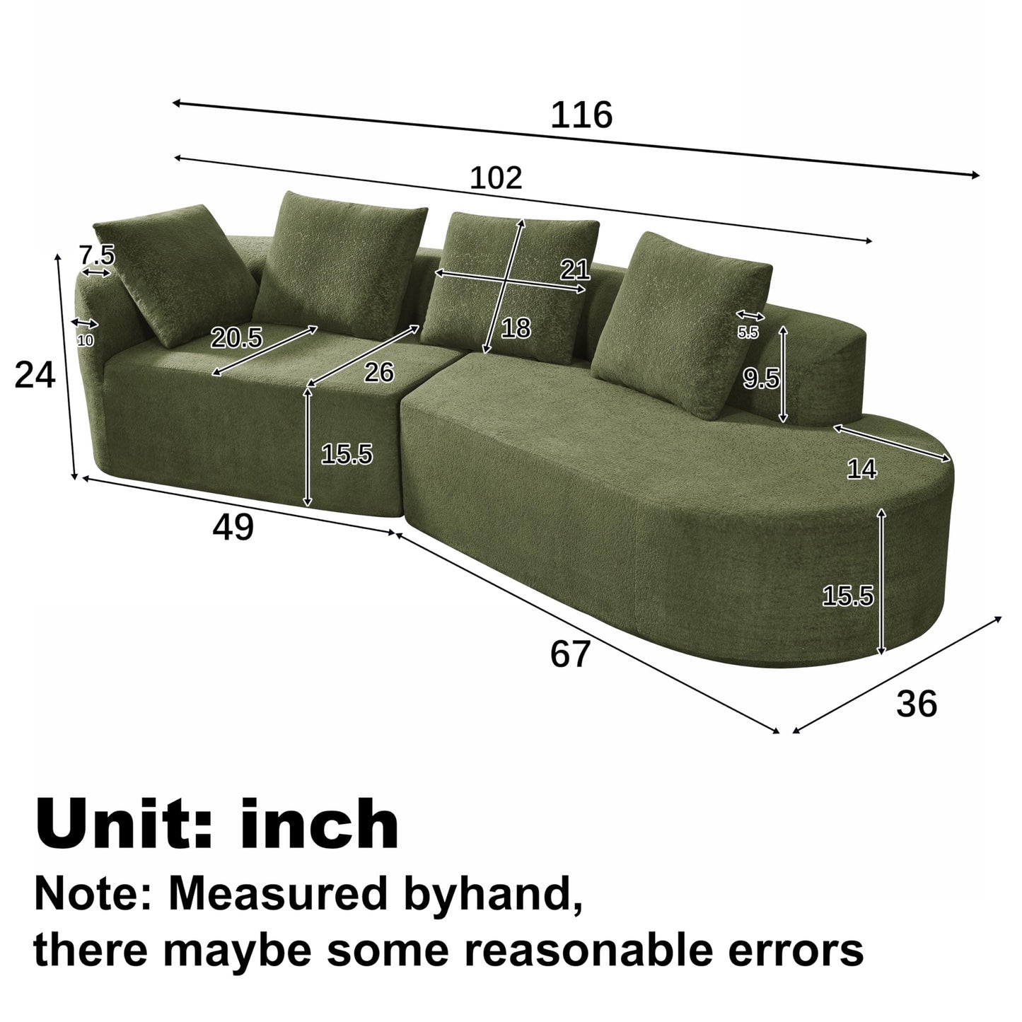 Christopher Knight Home 116" Modern Curved Sectional Sofa 2 Piece Set with Chaise Lounge, High-Density Compressed Sponge Couch, Fully Assembled Right Hand Facing Sofa for Living Room Lounge, Green