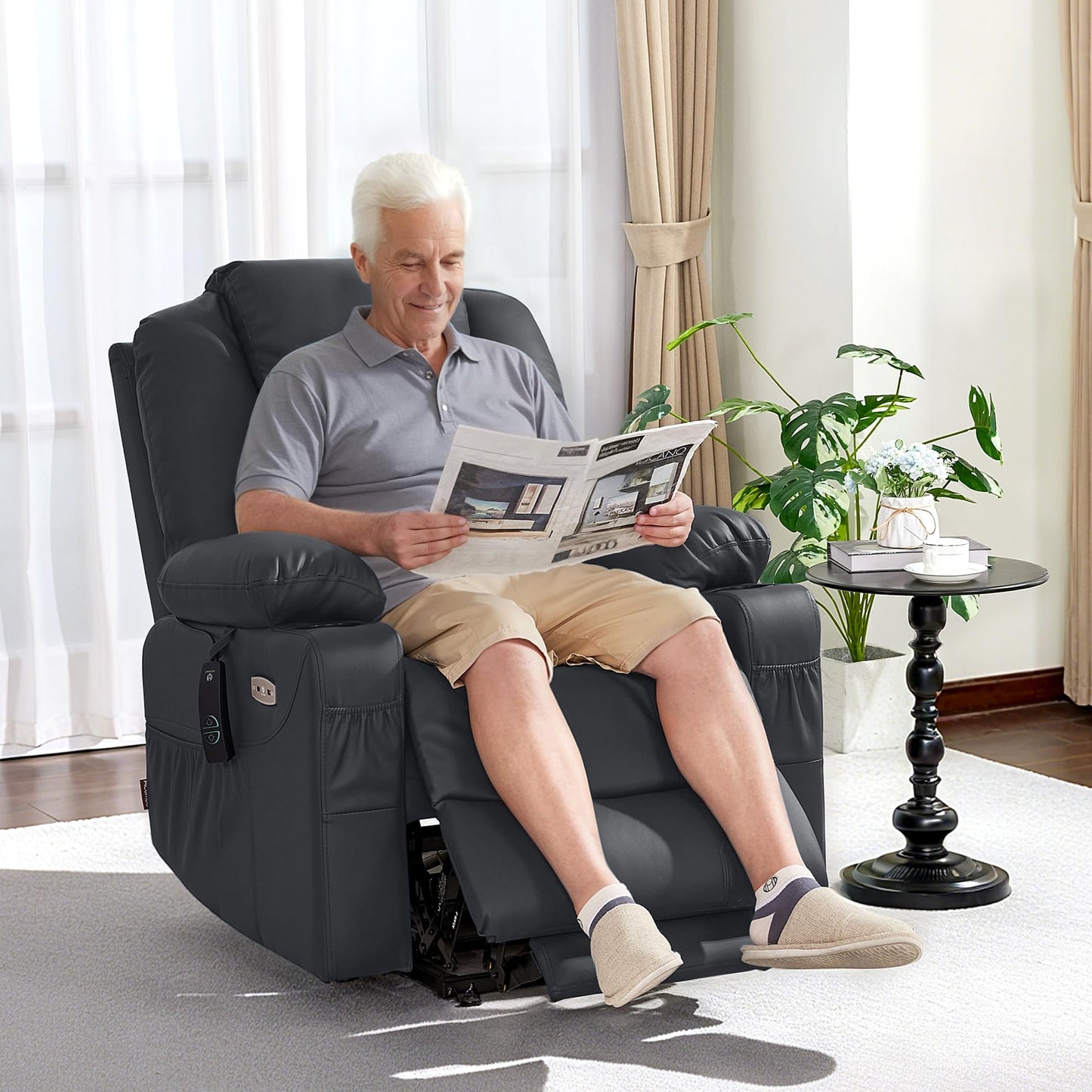 MCombo Power Lift Recliner Chair for Elderly, Lift Chair with Heat and Massage, FSC Certified, USB Ports, Cup Holders, Faux Leather 7040 (Black, Medium)