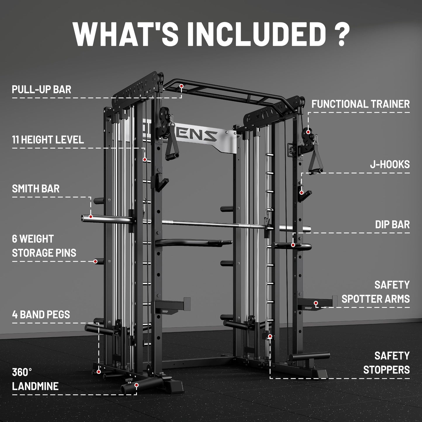 JELENS Smith Machine for Home Gym, Multi-Function M12 Power Cage, Squat Rack with Smith Bar and More Attachment (Black, M12 Smith Machine)