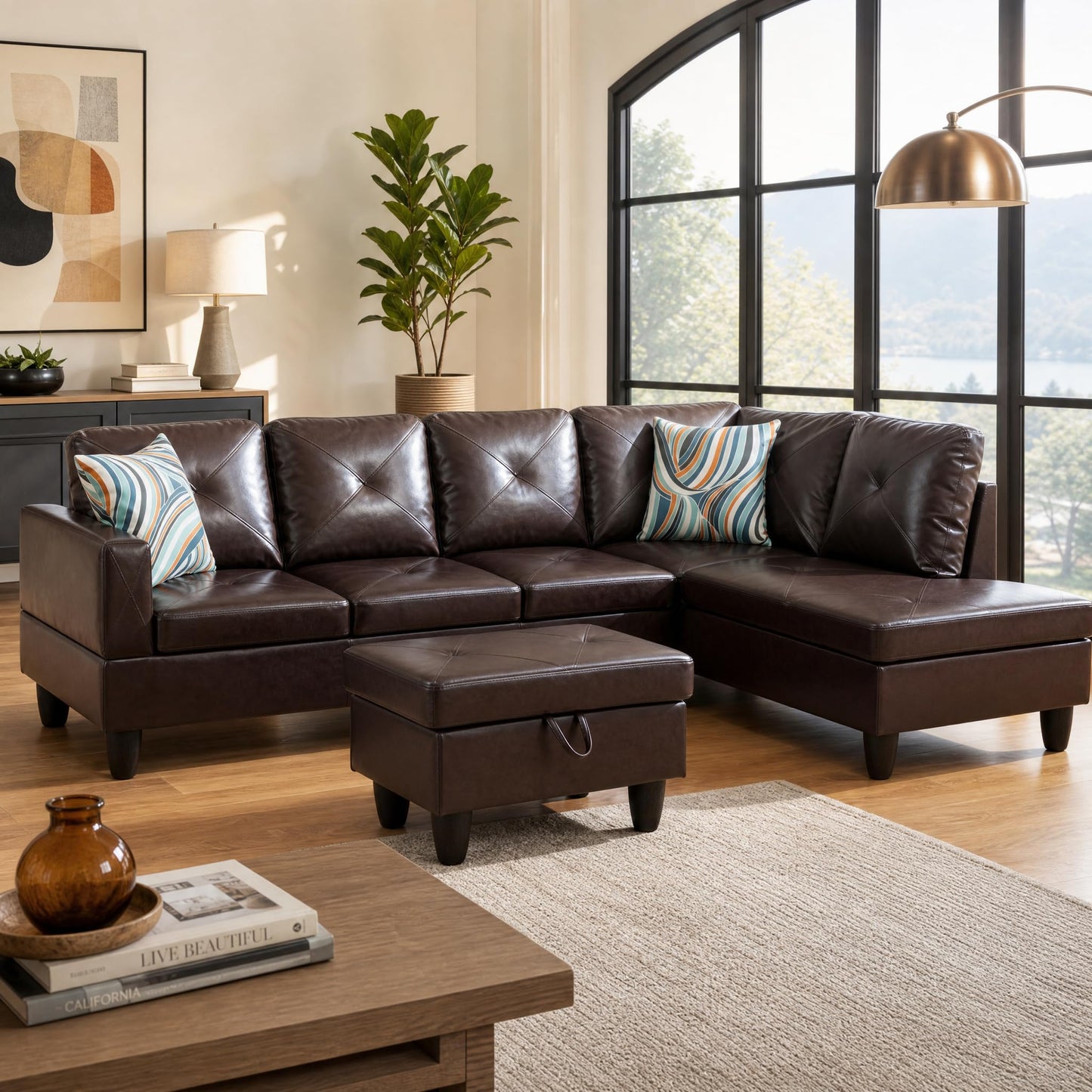 Trygoal 97" Leather L Shaped Couch with Right Chaise & Cup Holder, Sectional Sofas Modular Furniture Set with Storage Ottoman, Convertible Couches for Living Room, Small Space & Office (Brown)
