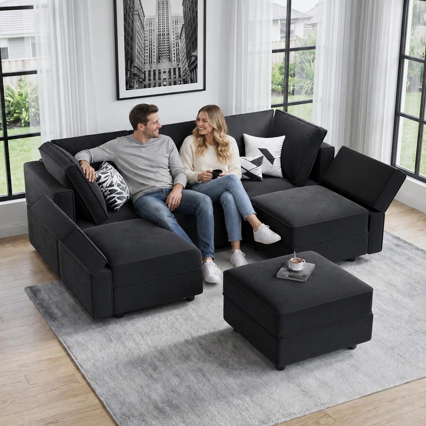 Vesgantti Modular Sectional Sofa with Storage, 92" Sofa Bed with 6 Seats Storage Chaises Removable Cover, Deep Seat Modular Couches Velvet Couch Set for Living Room, Apartment, Home Theater, Black