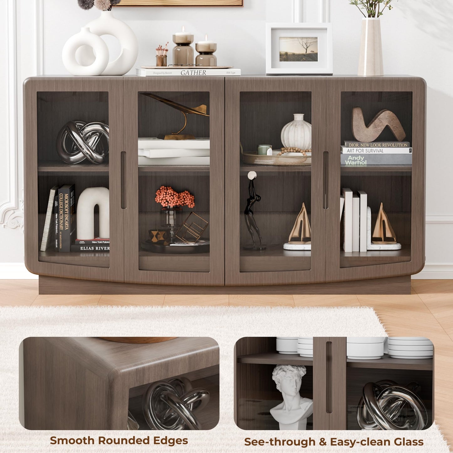 Trygoal 55" Walnut 4 Glass Door Sideboard Credenza, Modern Storage Buffet with Shelves, Multi-Use Coffee Bar Console for Kitchen Living Room Entryway