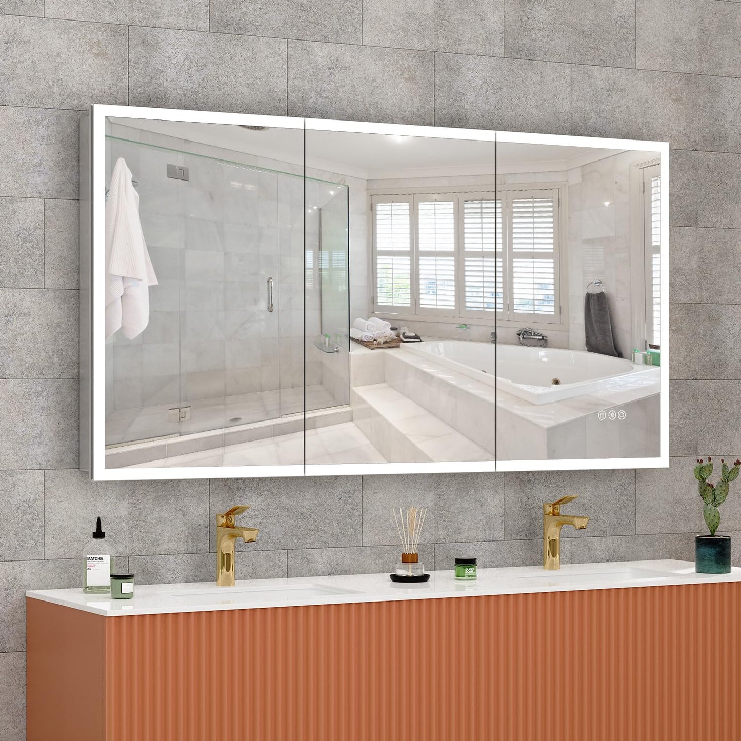 GUIQIYANG Medicine Cabinet with Lights, Bathroom LED Mirror Cabinet with Storage, Anti-Fog & 3 Color Lights, Recessed or Wall Mounted (60X32 in)
