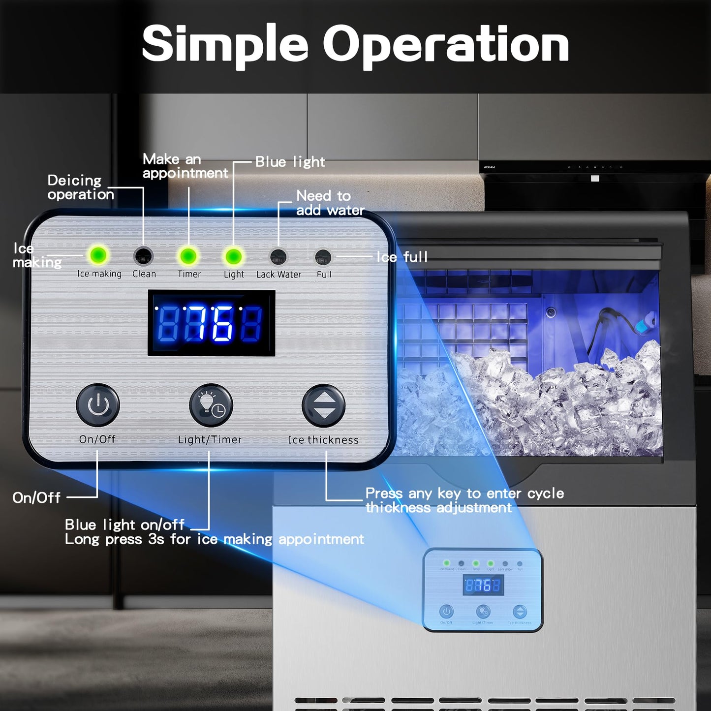 Amzgachfktch Commercial Ice Maker, 110lbs/24H Ice Maker Machine w/ 25 lbs Storage, 45 Ice Cubes in 12 Mins, Auto Self-Cleaning, Blue Light, Under Counter/Freestanding Ice Machine for Home Bar