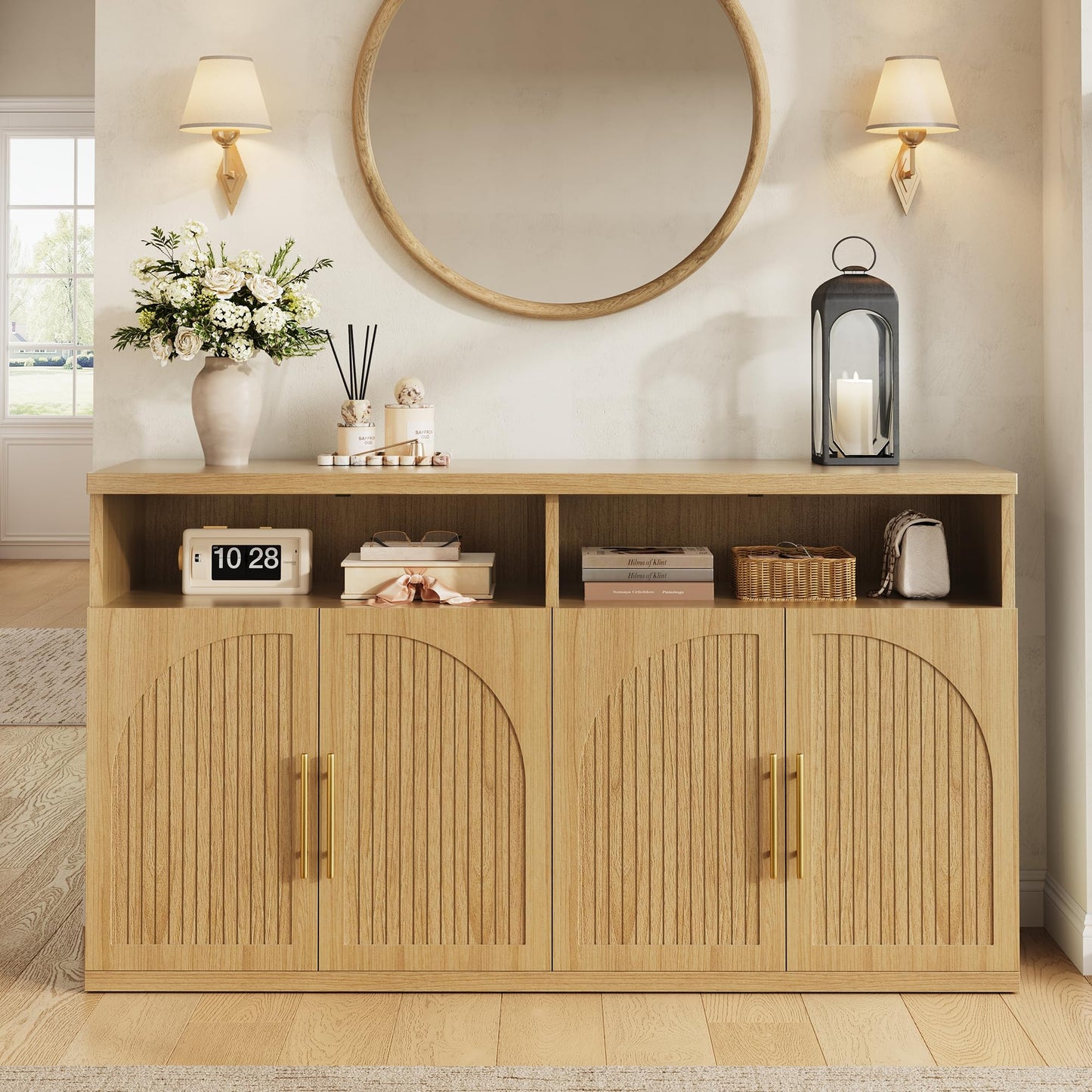Fluted Buffet Cabinet with Storage, 63" Wide Wood Sideboard Credenza with 4 Doors & Open Storage Shelf, Modern Kitchen Entryway Accent Table for Dining Room Living Room, Kitchen, Hallway, Oak