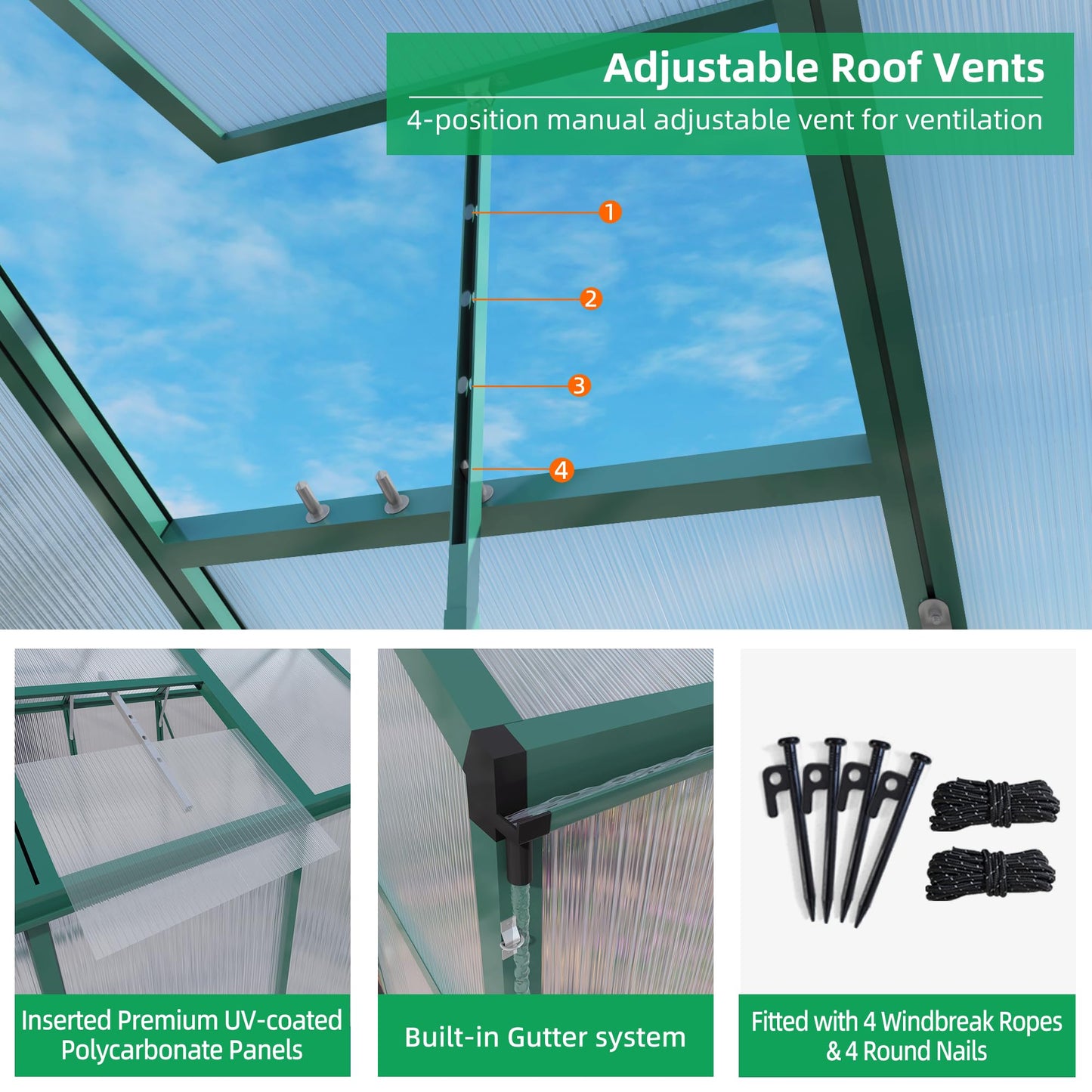 6x10FT Walk-in Polycarbonate Greenhouse Kit, Heavy Duty Aluminum Alloy Frame Green House with Ventilation & Drainage System, UV Resistant Plant Shelter Outdoor Garden Backyard All Season Use