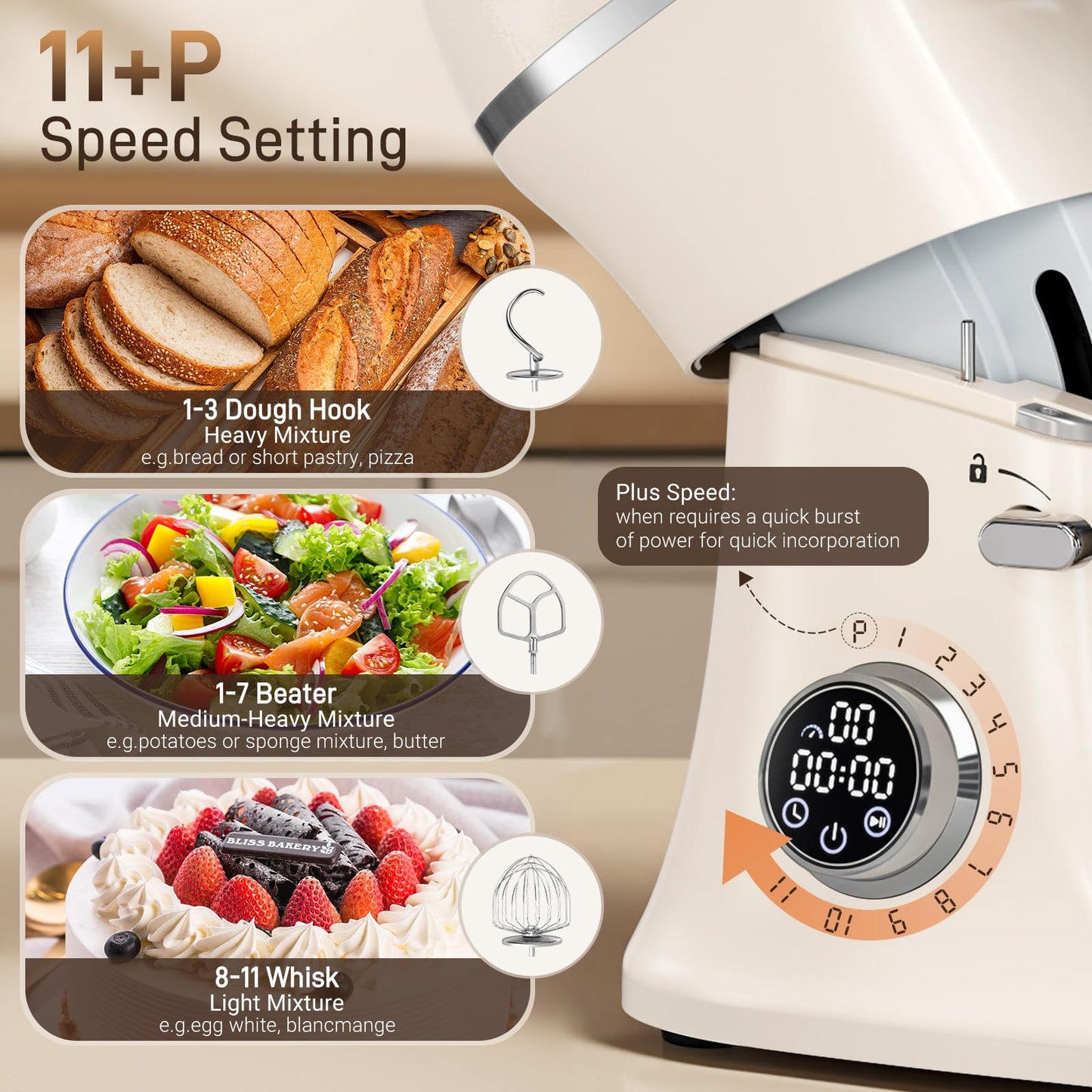 ZACME 7 Quart Stand Mixer Aluminum Die Casting, 650W 12 Speed Tilt-Head Kitchen Electric Stand Mixer, Household Food Mixer with Stainless Steel Bowl, Dough Hook, Whisk and Beater (Cream)