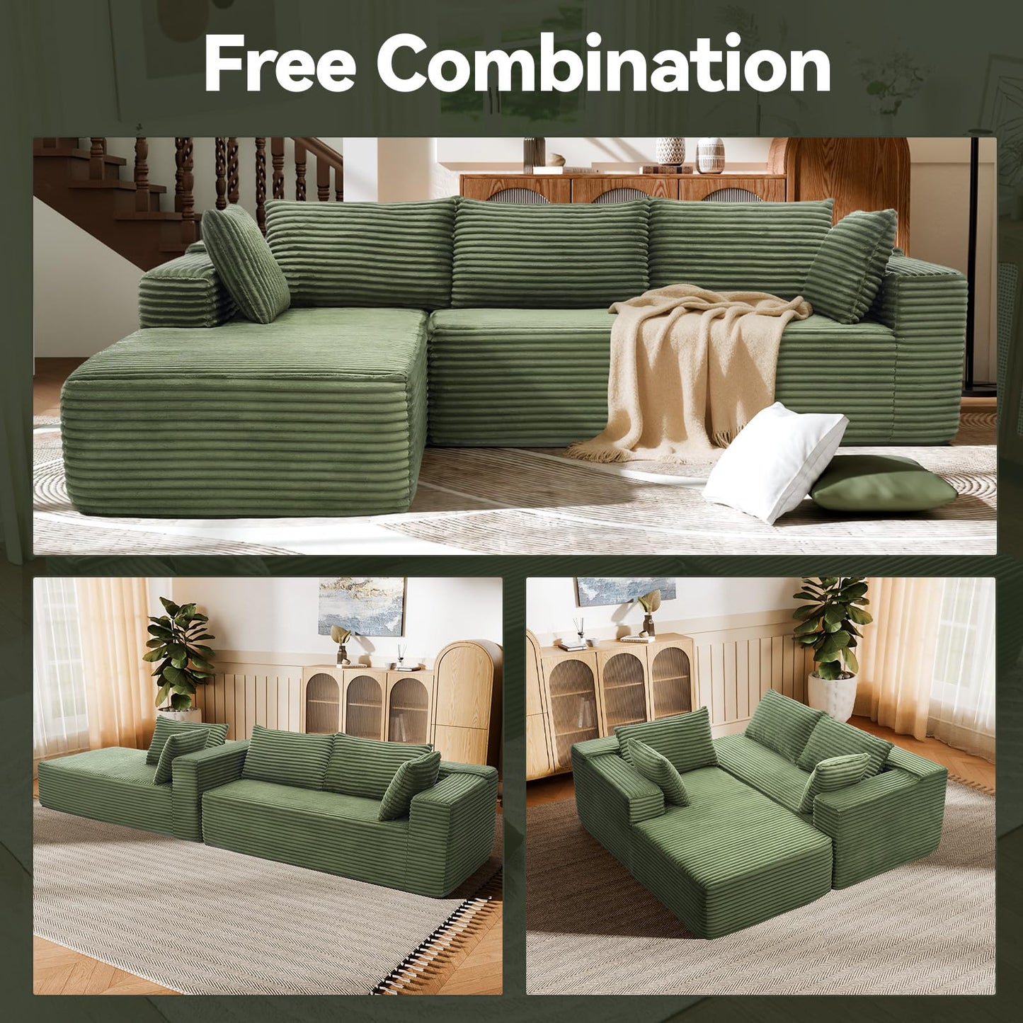 TRUNBACK 106" Modular Sectional Sofa, Green Corduroy Cloud Couch with Right Chaise, Deep Seat Boneless Floor Sofa for Living Room, High-Resilience Foam Support, No Assembly Required, Includes Pillows