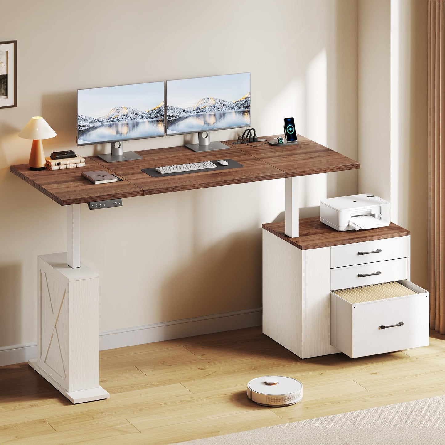 Homiflex 75.5 Inches Electric Standing Desk with Drawers Farmhouse Sit Stand Desk with Storage Adjustable Height Computer Desk with Power Outlets Printer Space for Home Office White and Walnut