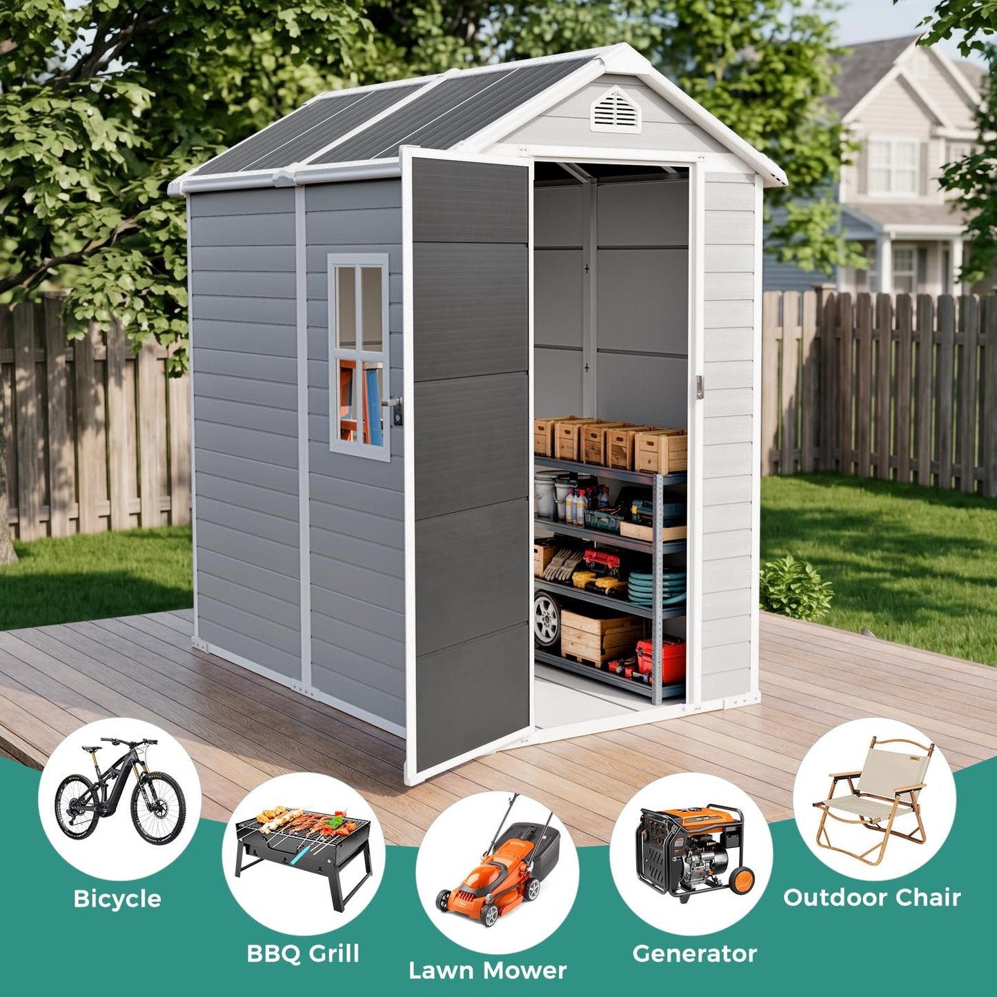 SENYUN 6x4 FT Resin Storage Shed with Floor, Lockable Doors and Window, Outdoor Garden Shed for Backyard, Patio, Lawn, Plastic Shed for Bike, Tools, Grey