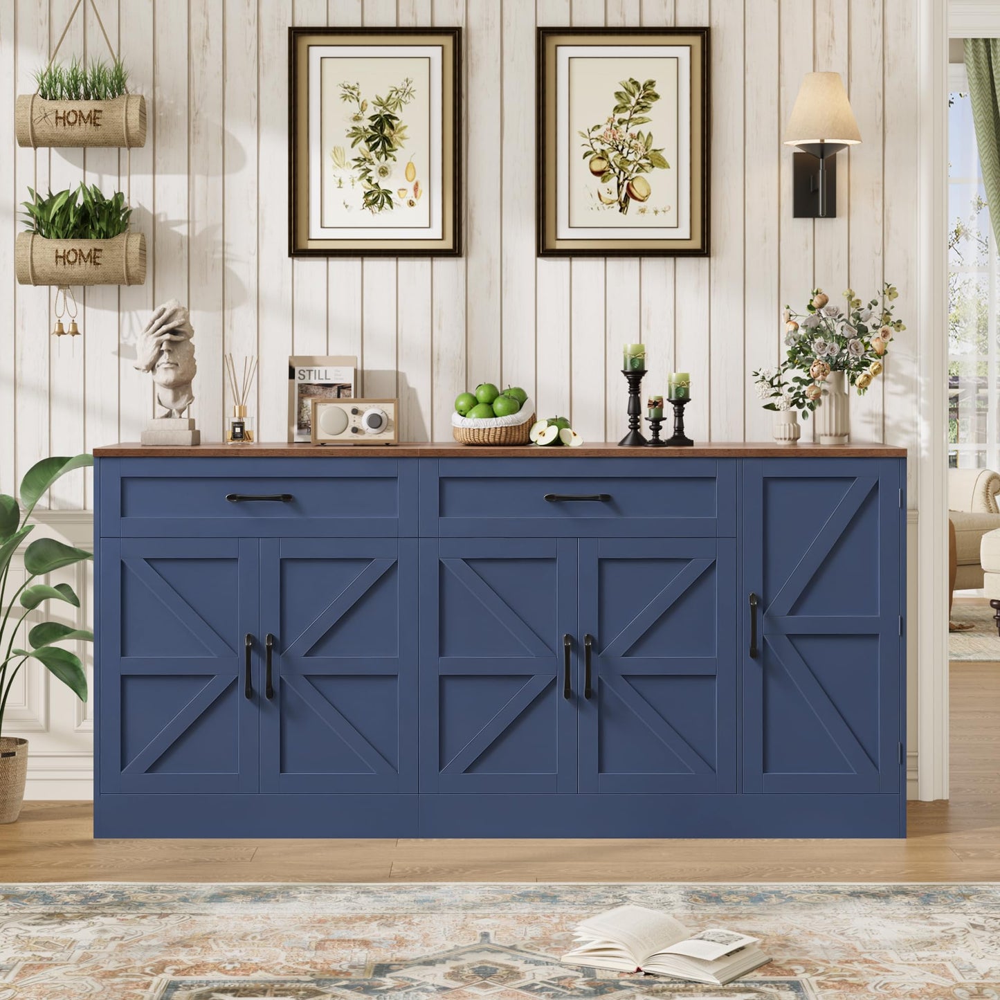BOTLOG 71” Large Sideboard Buffet Cabinet with Storage, Farmhouse Buffet Cabinet with Adjustable Shelves and 3 Door Shelves, Wood Coffee Bar Console Table for Kitchen, Dining Room, Blue