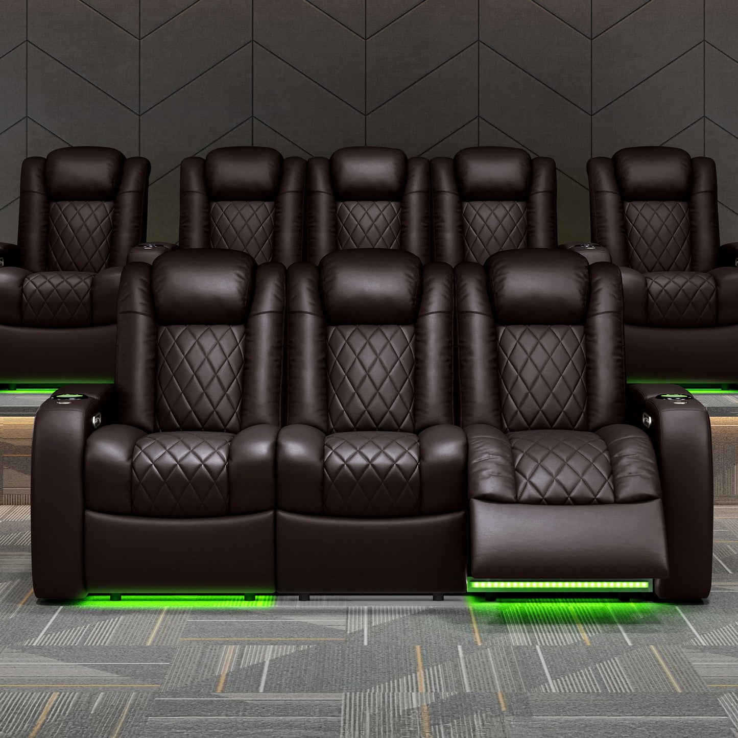Valencia Home Theater Seating Tuscany 2025 3-Seat Power Recliner with Center Console - Top Grain Nappa 11000 Leather, Cool Gel Memory Foam, USB-C/A Charging, RGB Lights (Dark Chocolate)