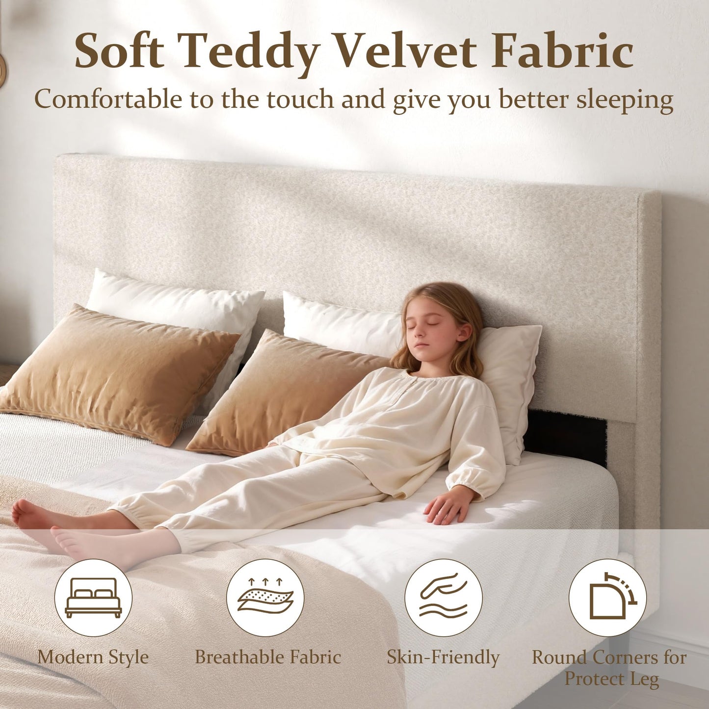 viplov Queen Bed Frame,Teddy Velvet Modern Platform Bed Frame with Upholstered Headboard, Mattress Foundation, No Box Spring Required, Beige