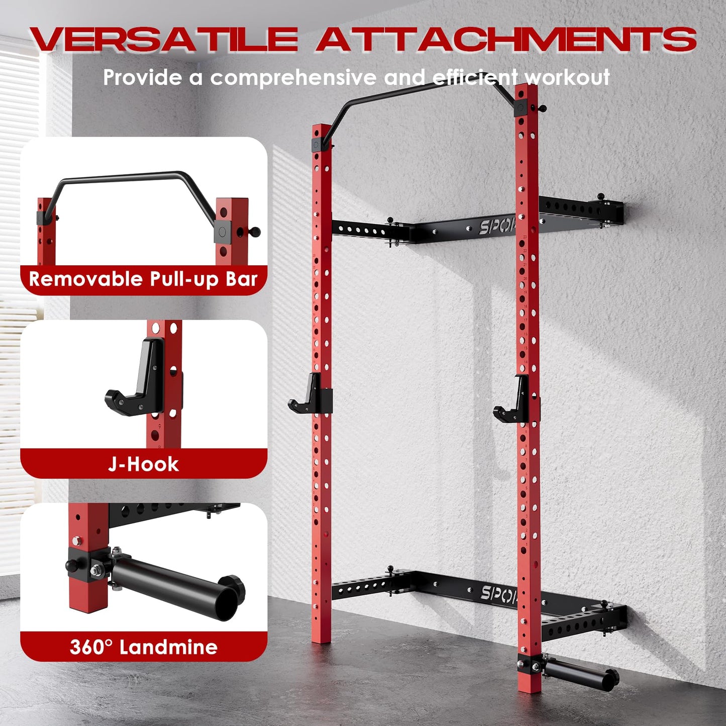 Garvee Folding Squat Rack for Home Gym, 2.36 in x 2.36 in Wall Mounted Foldable Squat Rack with Pull Up Bar, J Hooks and Landmine Attachments, 1000 LBS Capacity Space Saving Weight Power Cage