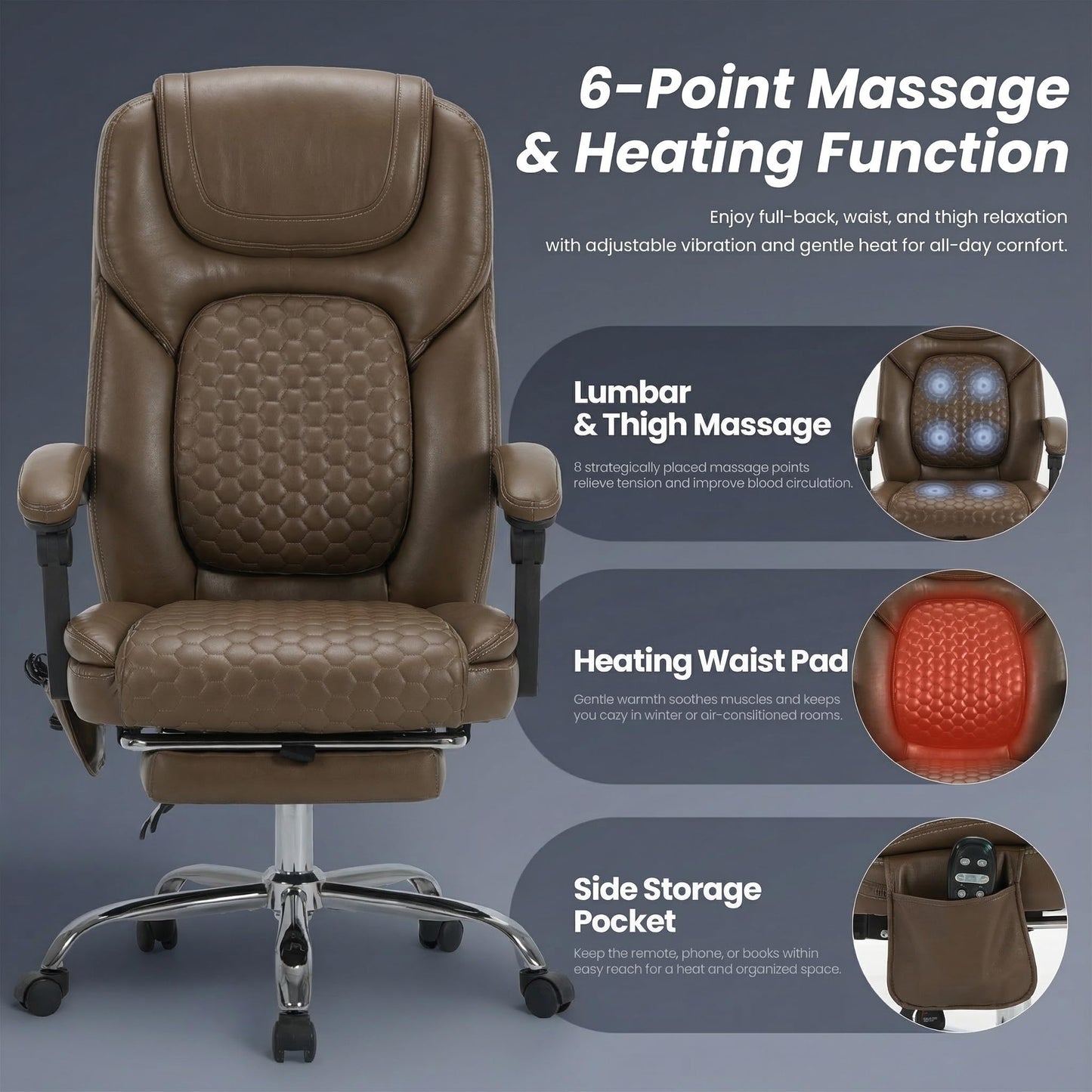 MALOL Massage Office Chair with Heat and Footrest - 3-Level 65°C Targeted Heating, 20-Min Easy Assembly Leather Desk Chair, Big and Tall Executive Computer Chair with Side Pocket, 300 lbs, Brown