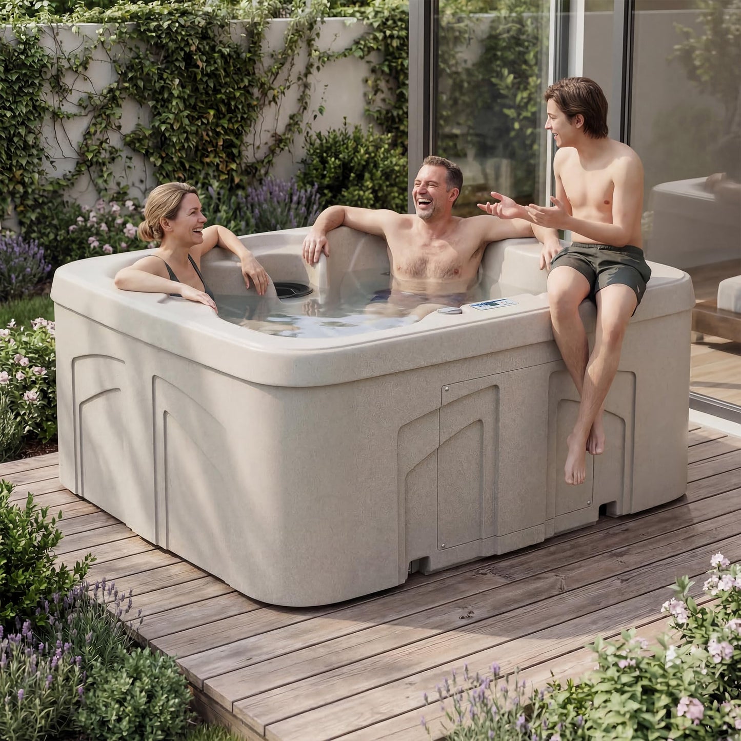 Lifesmart 4-Person Plug & Play Square Hot Tub Spa with 13 Jets, 1.0 HP Pump, Thermal Cover and LED Light, Outdoor Spa, Sand
