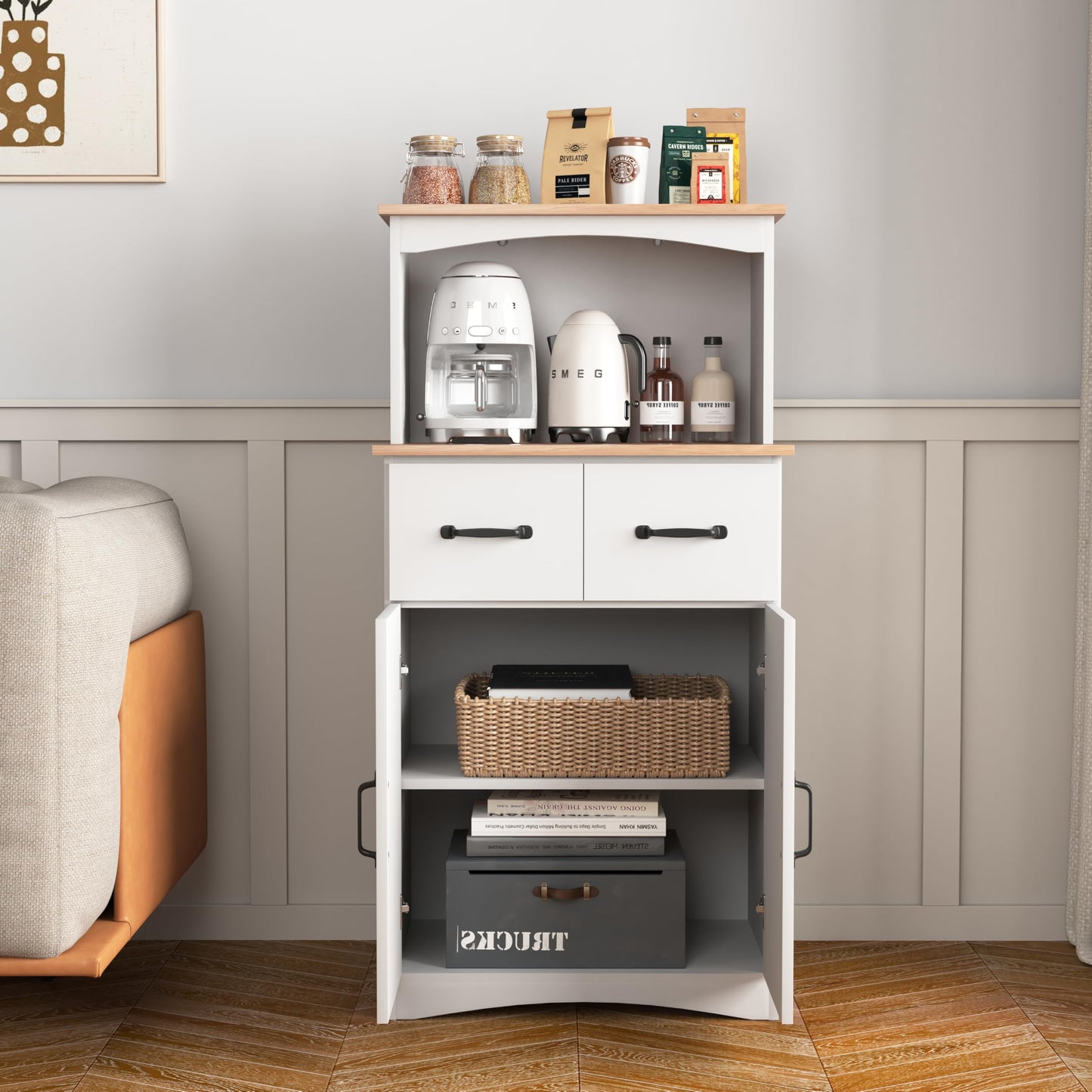 GDFStudio Wooden Kitchen Pantry Cabinet with Microwave Stand & Storage Drawer, Modern MDF Storage Cabinet with Adjustable Shelf, 2 Doors, Rectangle Home Organization Cupboard, White