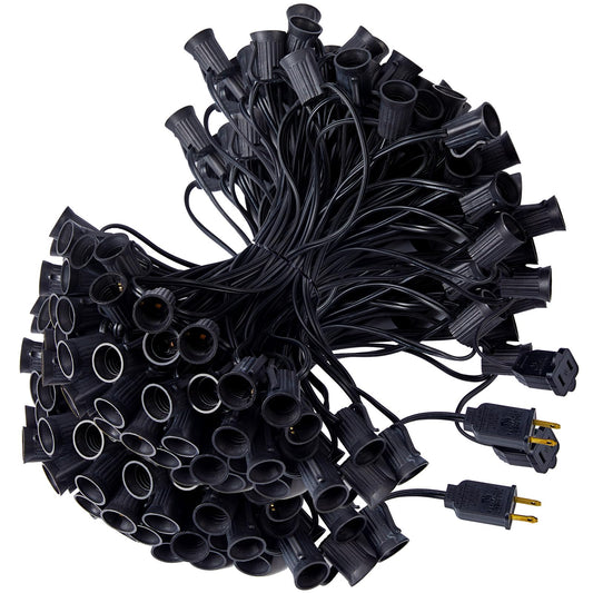 Minetom C9 Stringer 100 FT Outdoor String Lights, 2 Pack, Black Wire, 100 Sockets, 12in Spacing, for C9 LED Bulbs