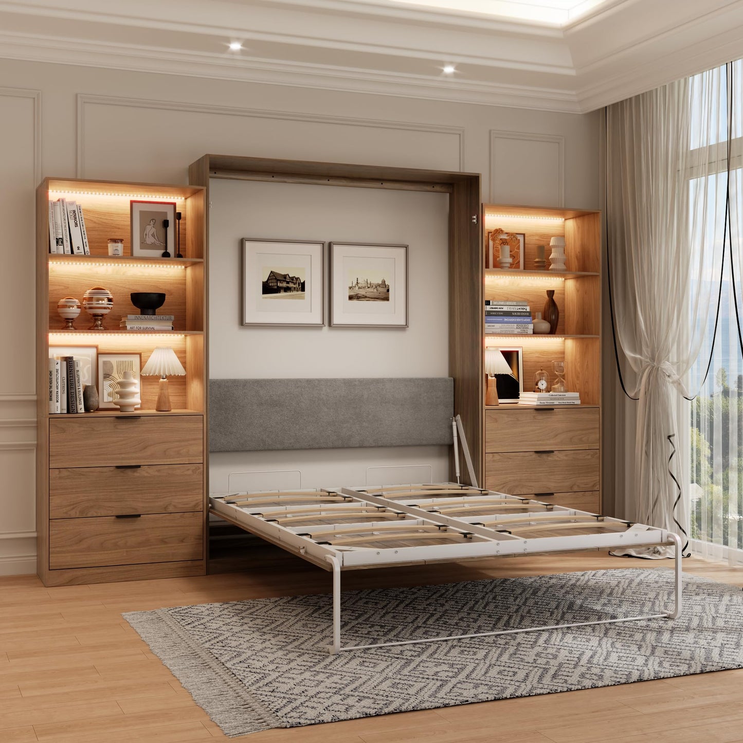 Jiaoun Queen Murphy Bed,Farmhouse Guest Beds,Folding Wall Bed with Hydraulic Bar,64" W Twin Murphy Beds with 2 LED Storage Cabinet for Small Spaces/Offices/Apartments/Guest Room,Brown+Walnut