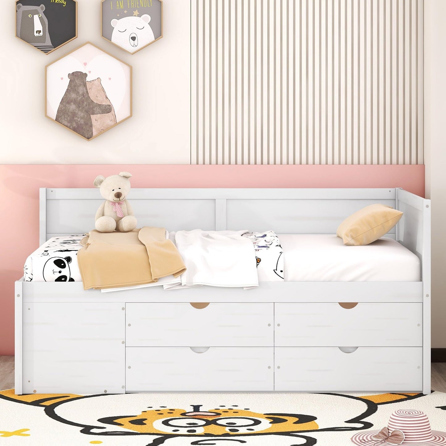Merax Twin Daybed with Drawers and Shelves, Wooden Storage Daybed Frame with Pull Out Drawers, Twin Size Platform Bed for Guest Room, Small Space, No Box Spring Needed, White
