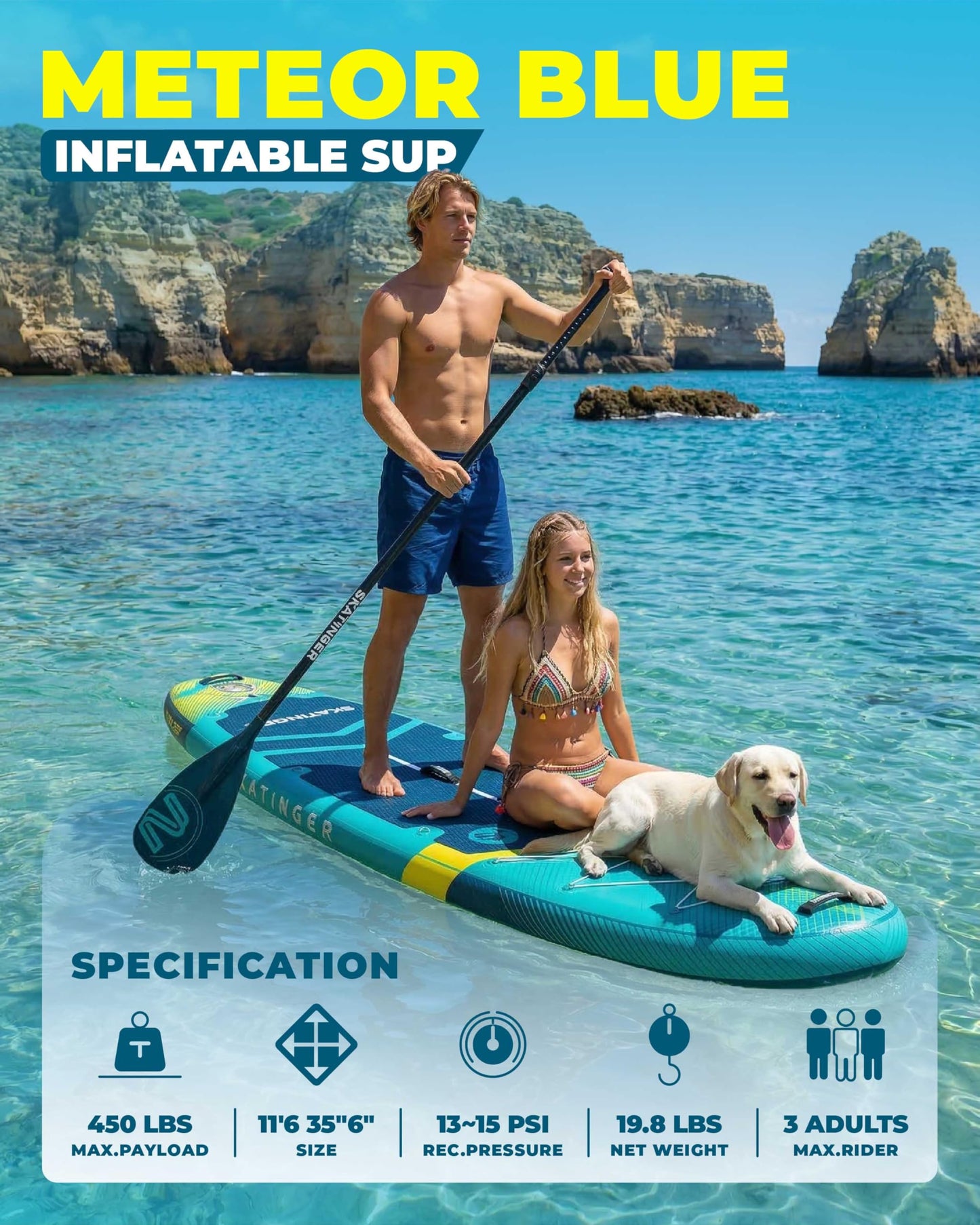 Skatinger 11'6×35" Super Wide Inflatable Paddle Board, Ultra Stable Stand Up Paddleboards for 450lb/3 People/Family/Big Size w/Shoulder Strap, 100L Backpack, Ultra-Light All-Round Sup Board, Blue