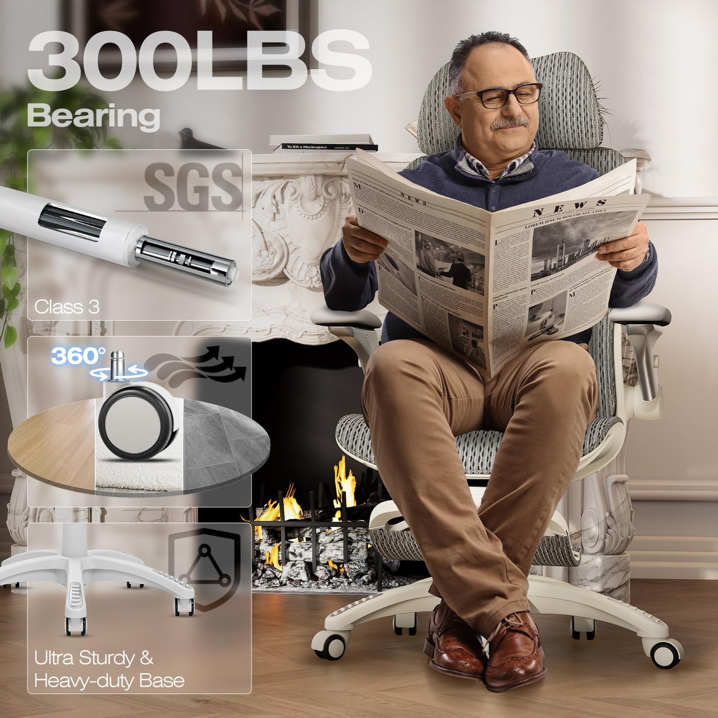 ELABEST X100 Ergonomic Mesh Office Chair with Footrest, Big and Tall Home Desk Chair with 5D Flip-Up Arms, Adjustable 3D Lumbar Support, Gaming & Executive Computer Chair, First Light