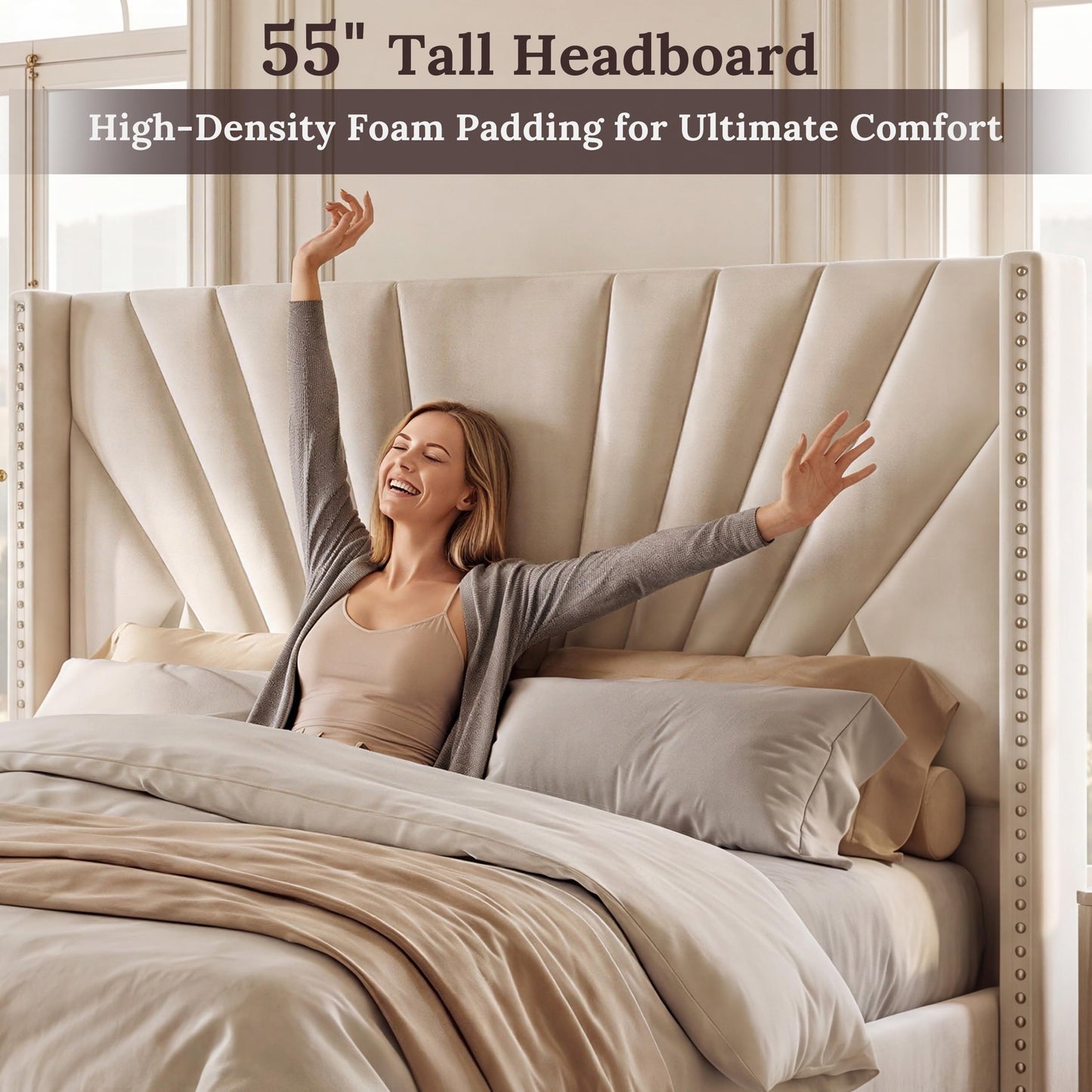 Narolabo Queen Size Bed Frame with 55" Tall Wingback Headboard, Velvet Upholstered Platform Bed, Sturdy Wood Slat Support, No Box Spring Needed, Noise-Free, Easy Assembly, Cream White