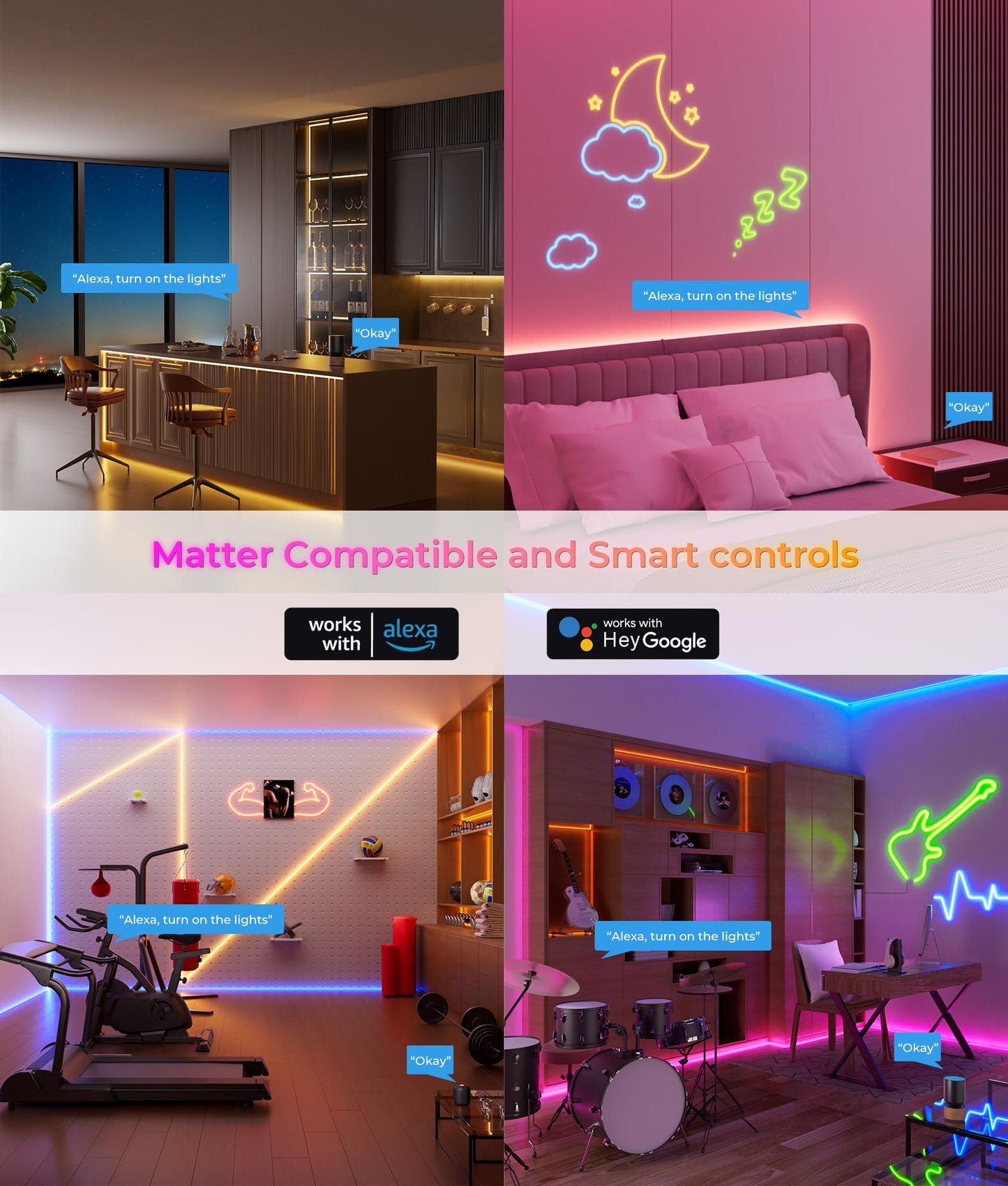 DeckTok Neon Rope Lights - 65FT RGB LED Strip, Waterproof, Music Sync, App/Remote Control, White, Model 3535RGB-60D-65FT