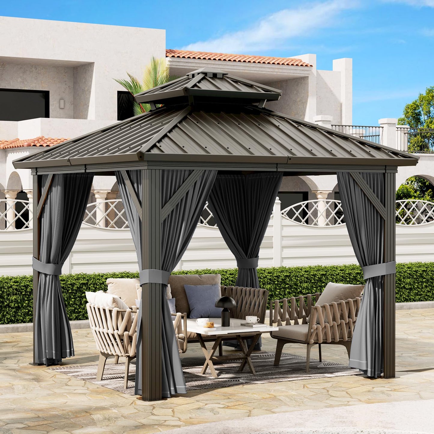 GAOMON 10x10ft Gazebo, Hardtop Double Roof Canopy with Netting and Curtains, Outdoor Gazebo Galvanized Iron Aluminum Frame Garden Tent for Patio, Backyard, Deck, Lawns (Gray)