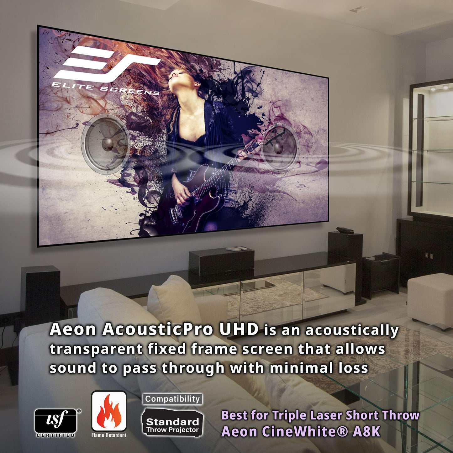 Elite Screens Aeon AcousticPro UHD 165-INCH Diag. 16:9, 4K Home Theater Fixed Frame Edge Free Projection Sound Transparent Perforated Weave Projection Screen, AR165H2-AUHD
