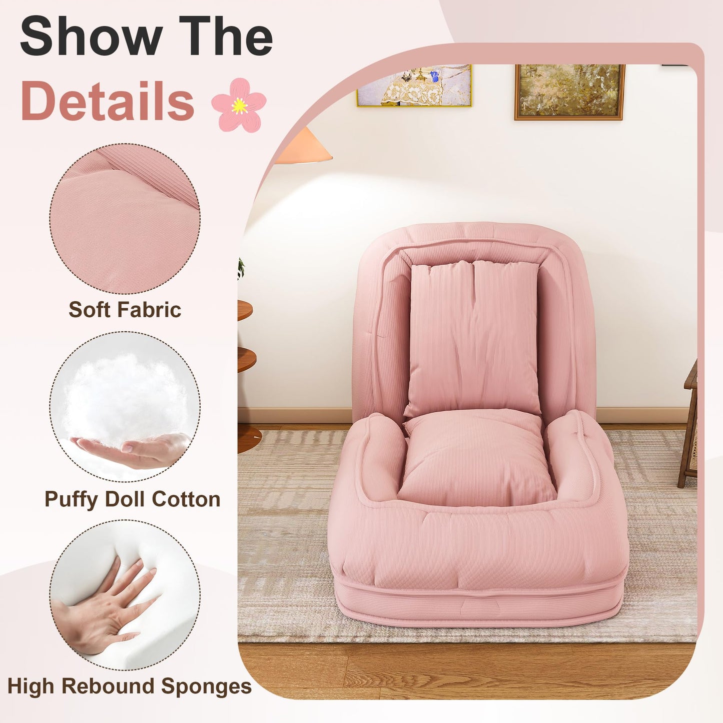 KEIKI 71" Human Dog Bed for Adults, Giant Plush Floor Sofa Bed with 5 Adjustable Positions & 2 Pillows, Foldable Faux Fur/Corduroy Lounge Bed for Relaxing, Gaming, Napping, Living Room Bedroom, Pink