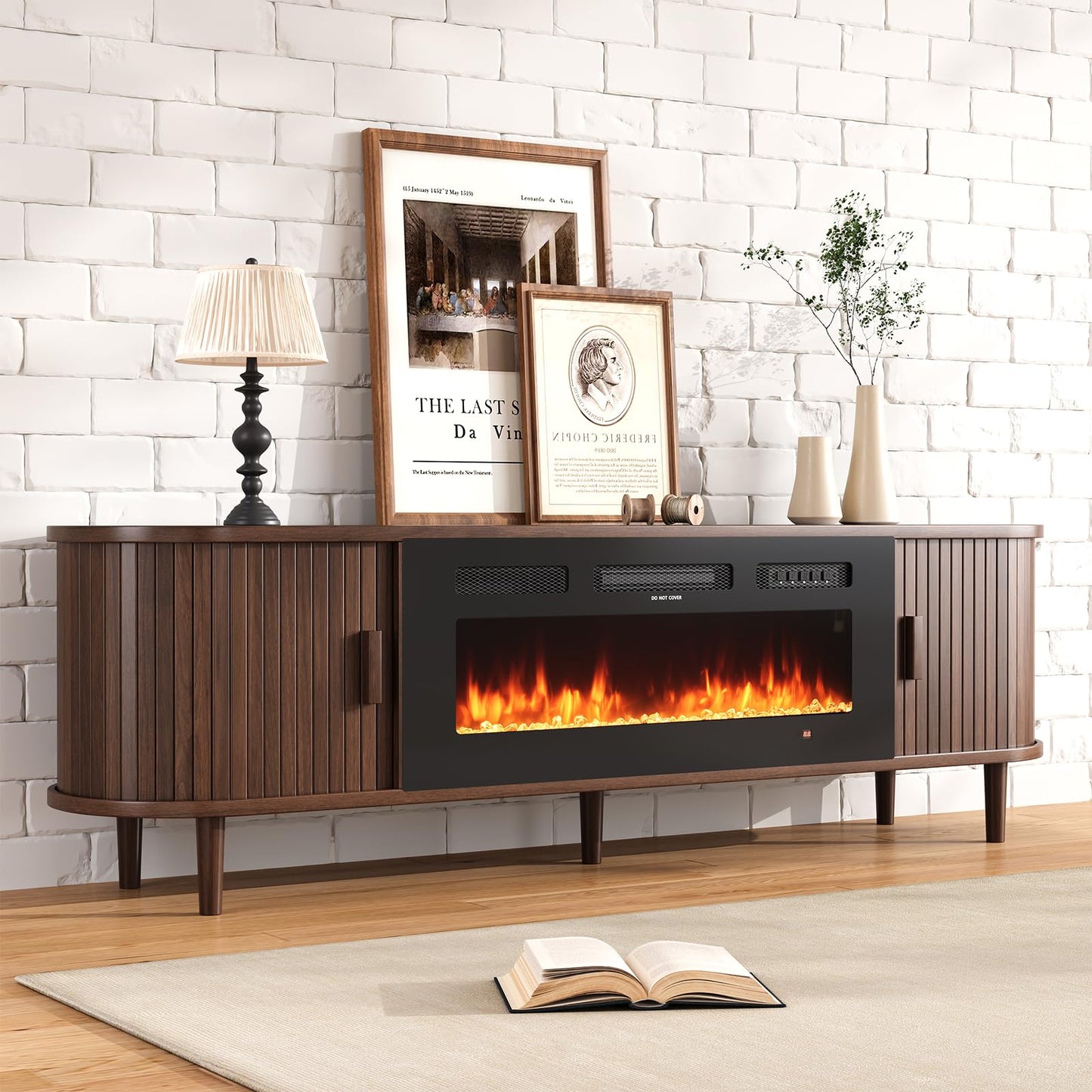 OneBlis 70" Mid Century Modern TV Stand with Fireplace, Fluted Fireplace TV Stand, Entertainment Center with Sliding Door, TV Console with Solid Wood Legs for Living Room, Walnut