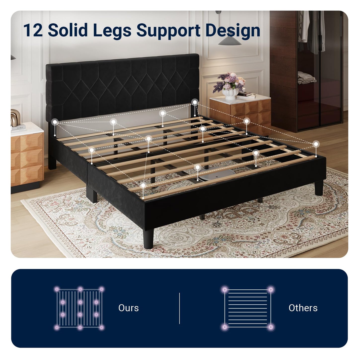 Avenco King Size Bed Frame, Upholstered Platform Bed Frame with 3-Height Adjustable Headboard, Easy Tool-Free Assembly & Under Bed Storage, Black Velvet