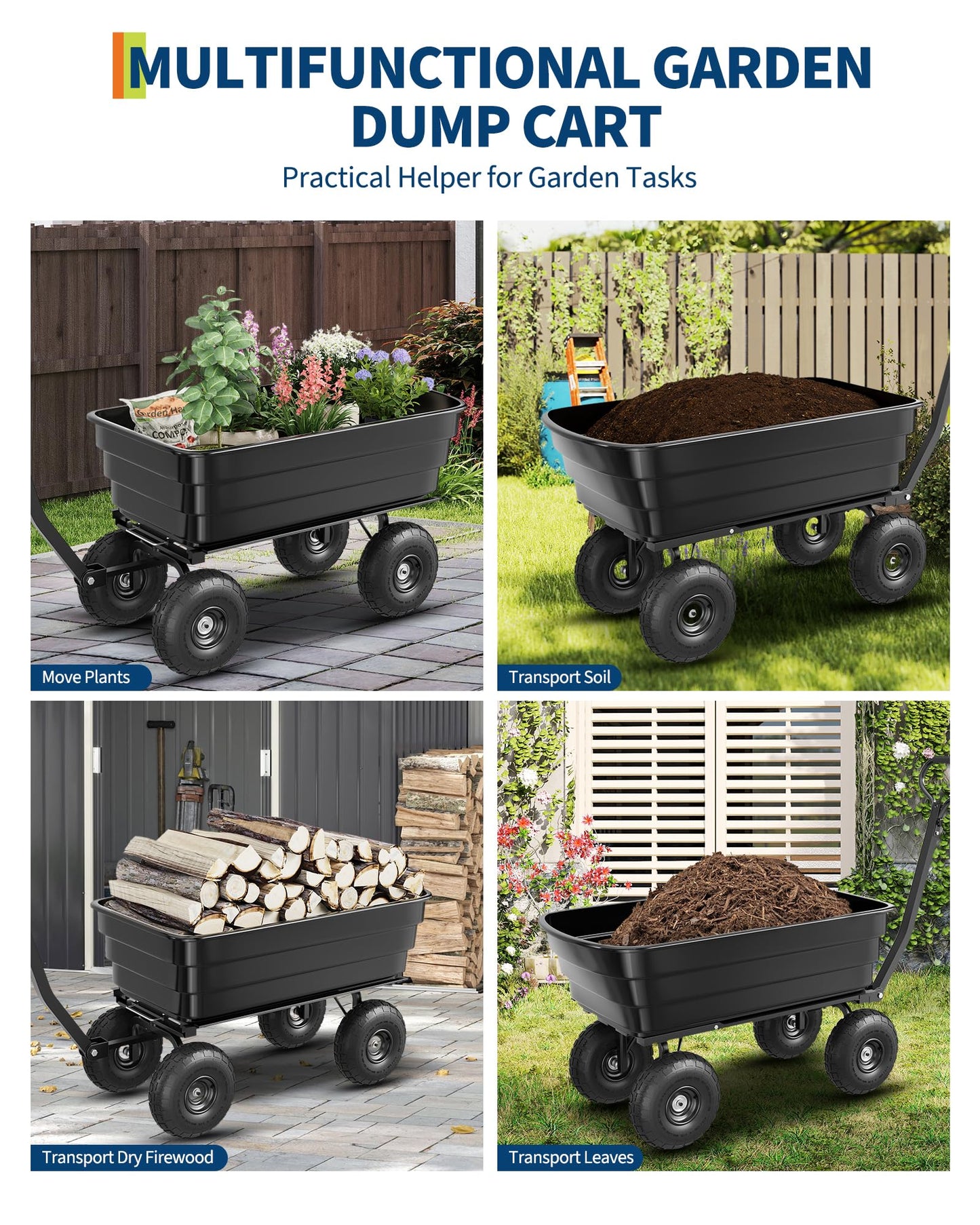GarveeLife Poly Dump Cart - Heavy Duty 1200lbs Garden Cart with Quick-Release Dumping 13" Tires, Utility Wagon for Yard Work, Landscaping, Gardening