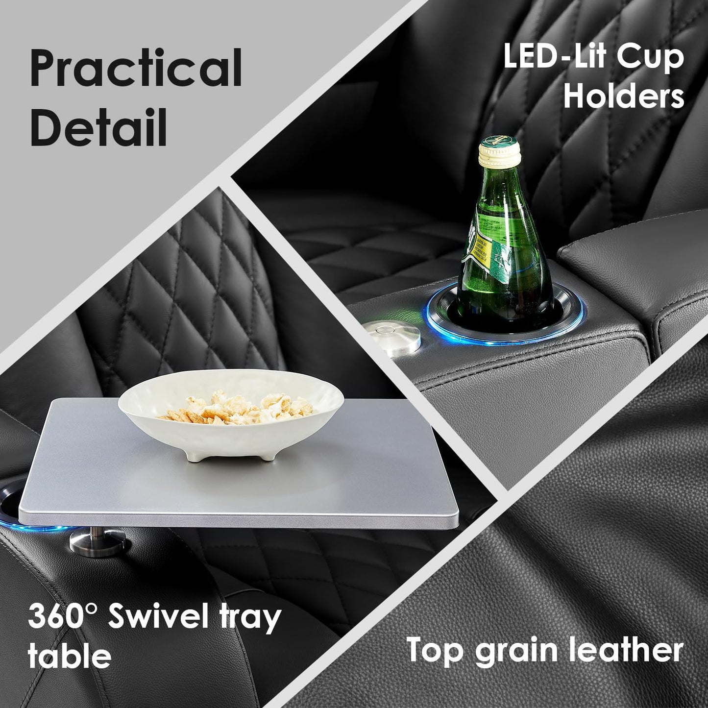 PBRO Home Theater Seating Top Grain Leather Recliner Chair, Movie Theater Chair Sofa with Power Reclining & Headrest USB Charger Ports Ambient Lighting, Black Single Seat for Home