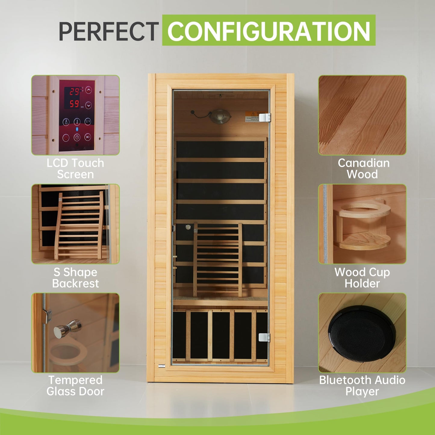 Real Relax 1 Person Infrared Sauna, Indoor Near Zero EMF Canadian Hemlock Wood Sauna with 1400W, 9 Chromo Therapy Lights, Oxygen Lonizer, Bluetooth, LCD Control Pannel for Home Spa Days