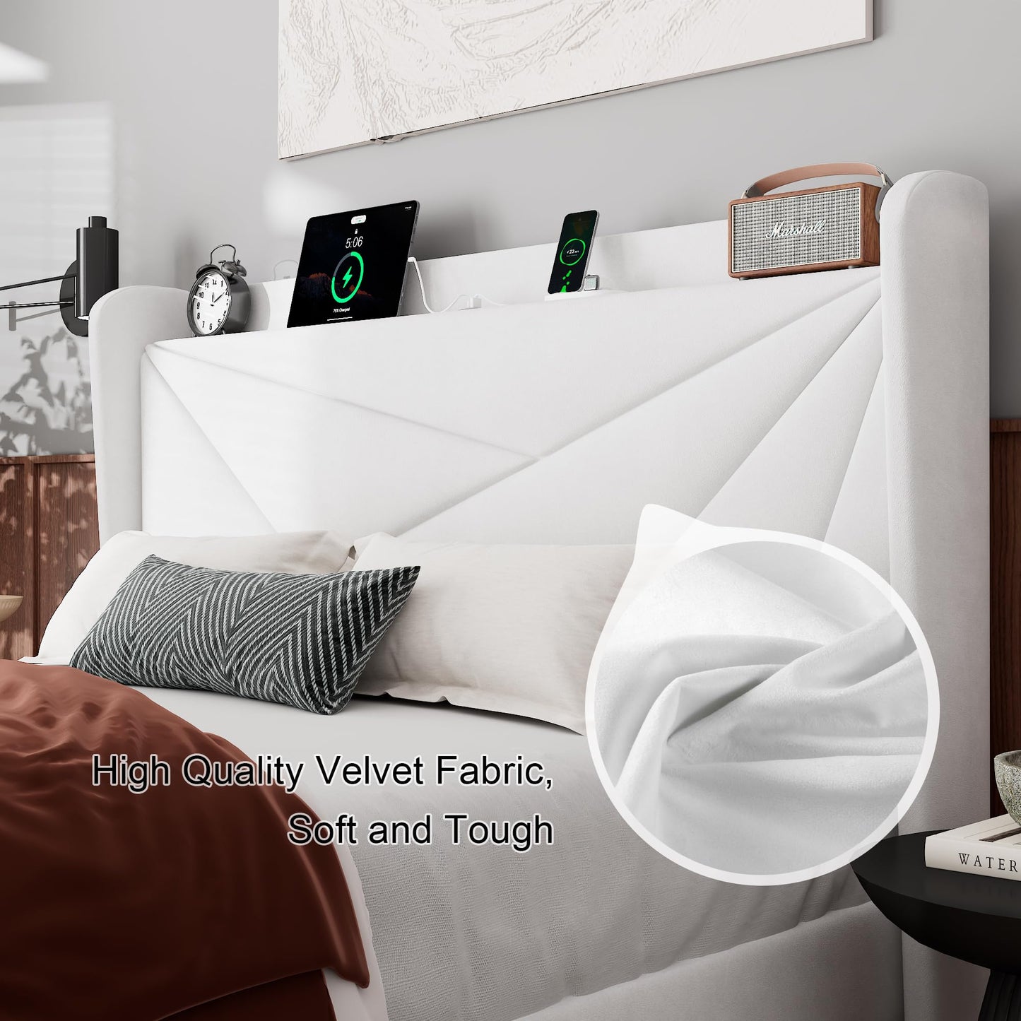 Feonase Queen Size Bed Frame with Charging Station, Velvet Upholstered Platform Bed Frame with Wingback Storage Headboard, Solid Wood Slats Support, No Box Spring Needed, Noise Free, White
