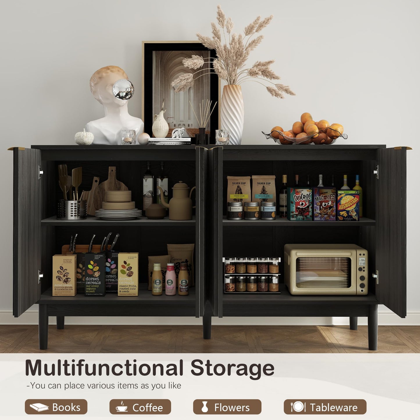 Otterease Fluted Cabinet with Storage, Small Buffet Cabinet Sideboard with Door, Kitchen Buffet Storage Accent Cabinets with Adjustable Shelves for Living Room, Entry, Hallway,Black