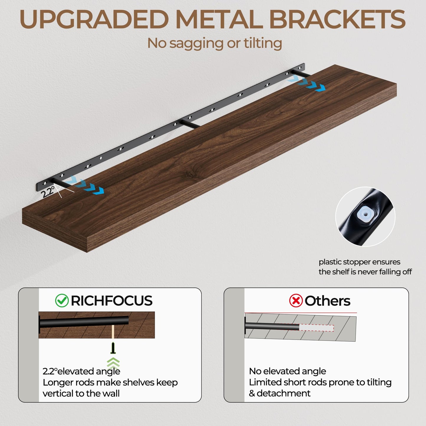 RICHFOCUS 72 Inch 12" D Floating Shelves for Wall 2 Pack Long Wall Shelves for Room Wall|Large Wood Hanging Shelf with Invisible Brackets for Bathroom Bedroom Kitchen Laundry Room, Walnut