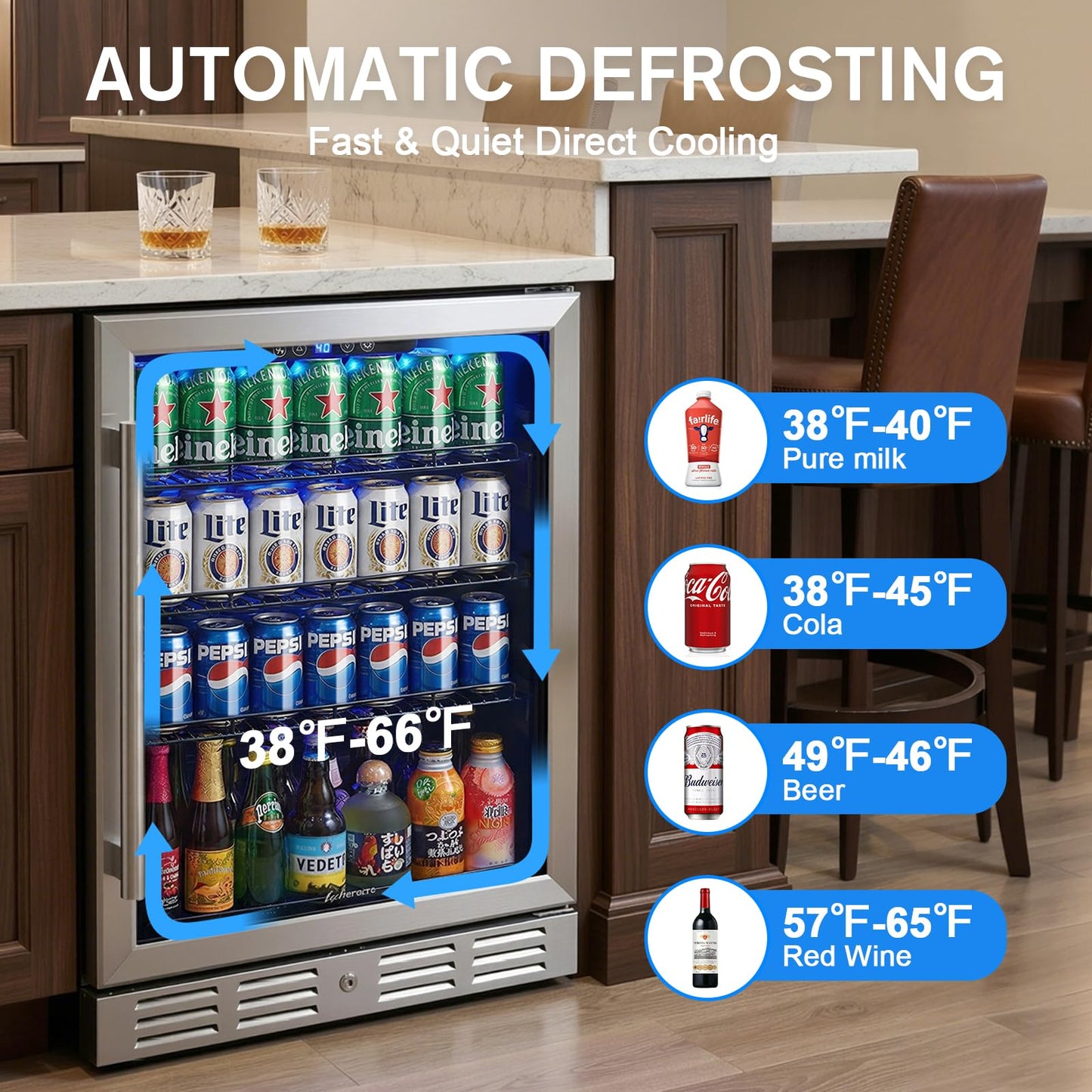 Kalamera 24 Inch Beverage Refrigerator, 164 Cans Under Counter Beverage Cooler for Beer Wine, Built-in/Freestanding Drink Fridge with Glass Door & Adjustable Shelves for Home Kitchen Office Bar