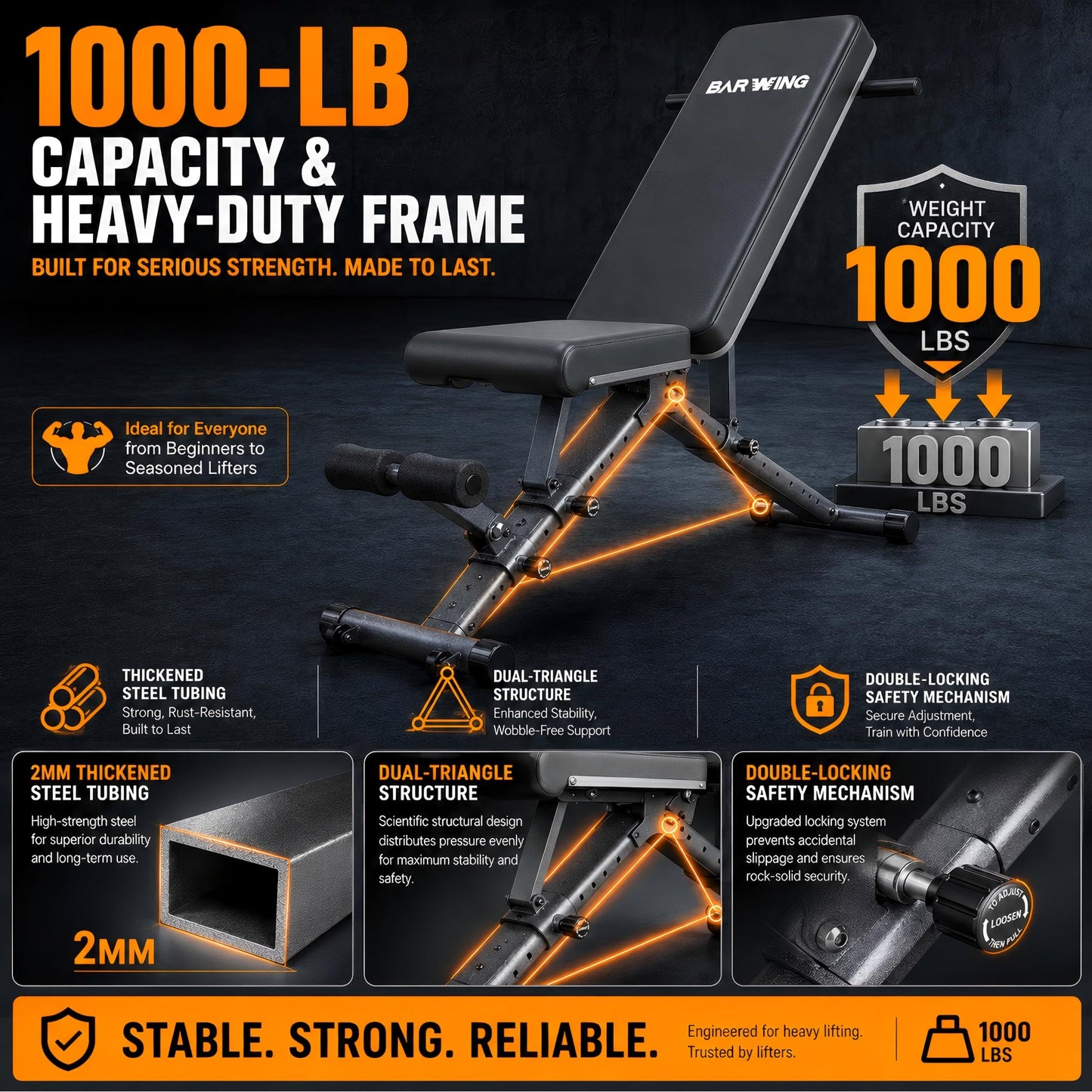BARWING Best Adjustable Weight Bench For Home Gym, With 11 Backrest Positions & 5 Seat Adjustments, 1000 Lb Capacity Incline Decline Bench For Dumbbell Bench Press, Full Body Strength Training