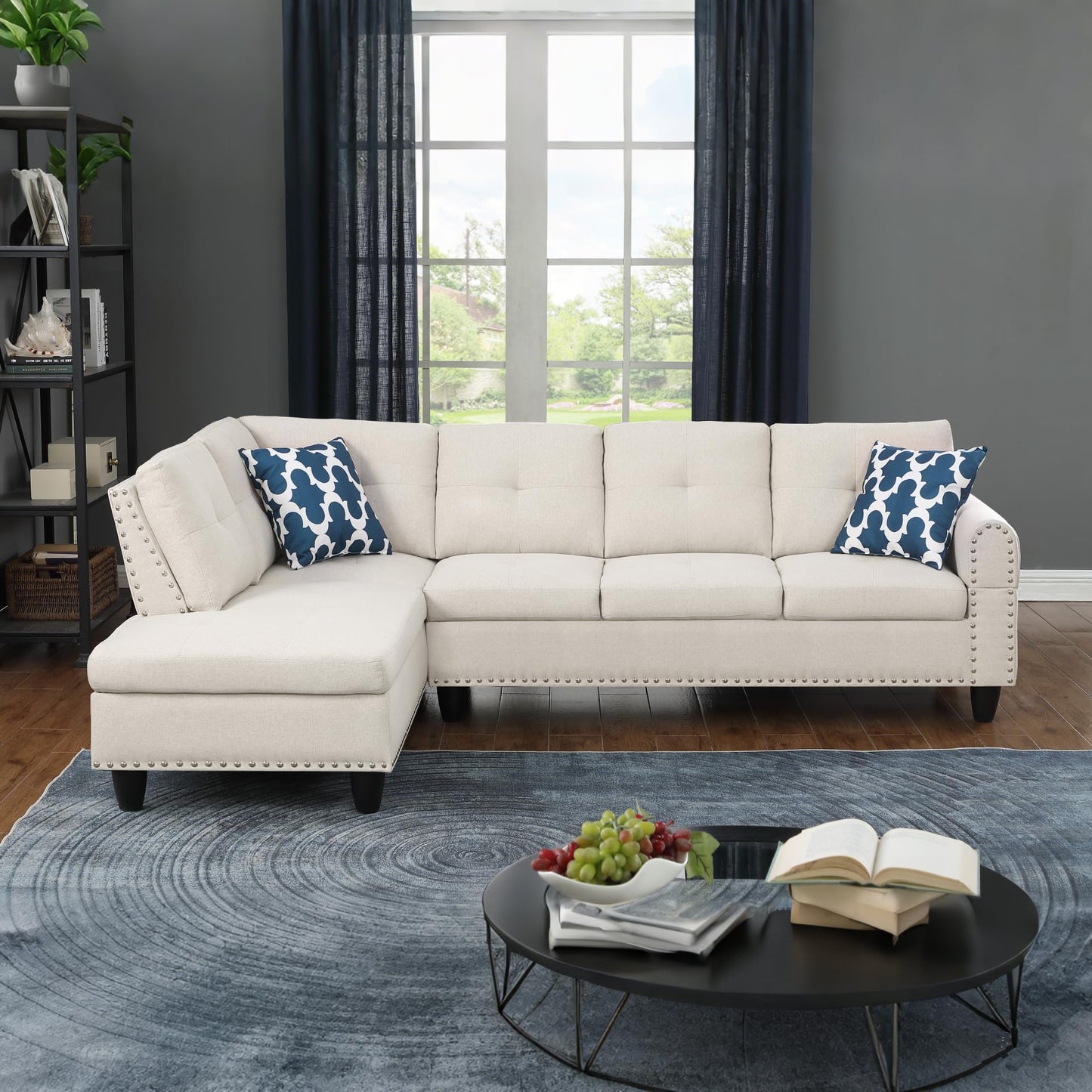 Ball & Cast 98" L Shaped Sectional Couch with Left-Facing Chaise,Faux Leather Upholstered Modular Sectional Sofa with 2 Pillows and Cup Holders,5 Seater Comfy Sofa,Nailhead Trim Design,Black