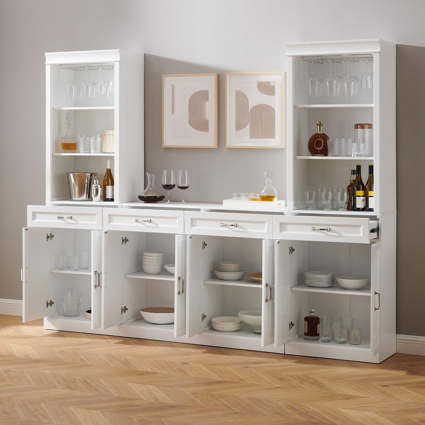 Crosley Furniture Stanton 2-Piece Wine, Liquor, Coffee Bar Cabinet Set with Sideboard and Storage Shelves, White