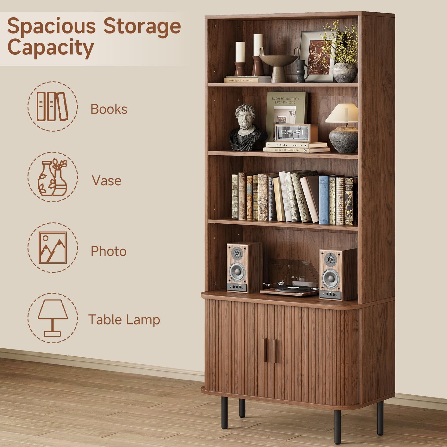 5-Tier Tall Bookshelf with Cabinet, 71" Fluted Bookcase with Sliding Door, Adjustable Display Shelf, Free Standing Cube Storage Organizer, Wood Shelving Unit for Living Room, Home Office, Walnut