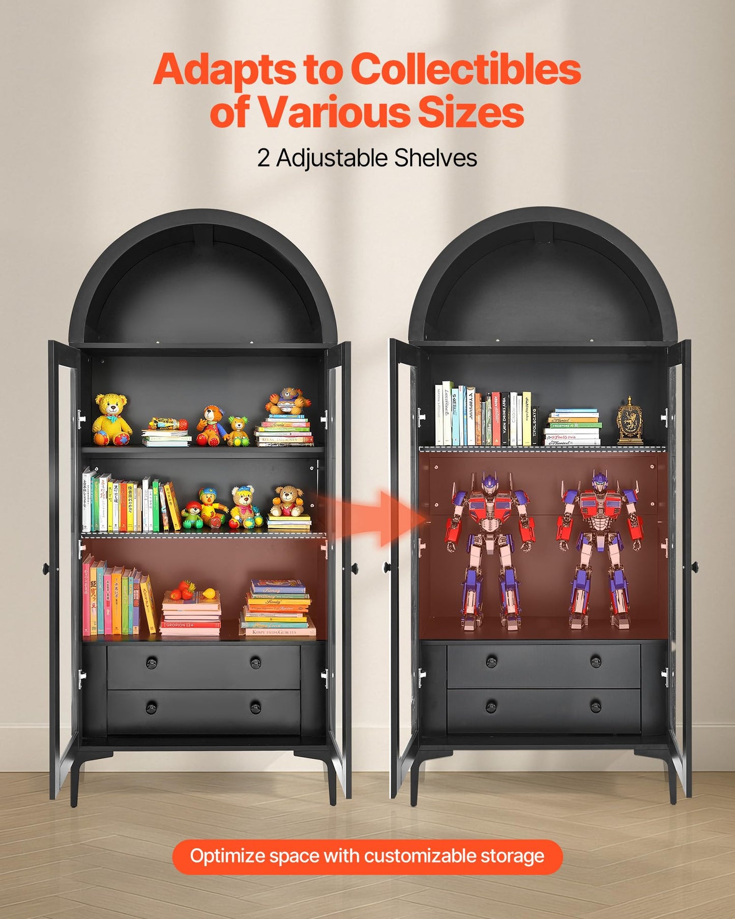 VEVOR Arched Kitchen Pantry Cabinet with Glass Doors, 70in Tall Curio Cabinet, 4-Tier Display Case with 2 Adjustable Shelves, Bookcase Bookshelf for Collectibles Storage Living Room Office