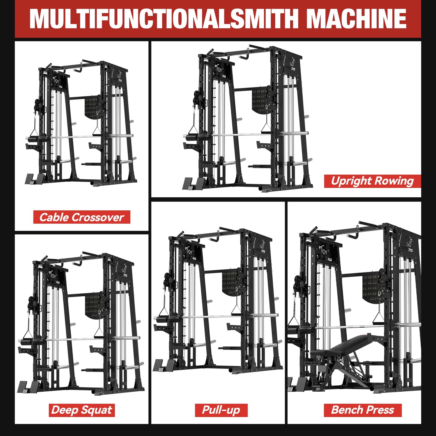 Waxman Smith Machine, 2200lbs Squat Rack with LAT-Pull Down System & Cable Crossover Machine, Training Equipment with Leg Hold-Down Attachment, Garage & Home Gym Package with 340lBS Black Plates