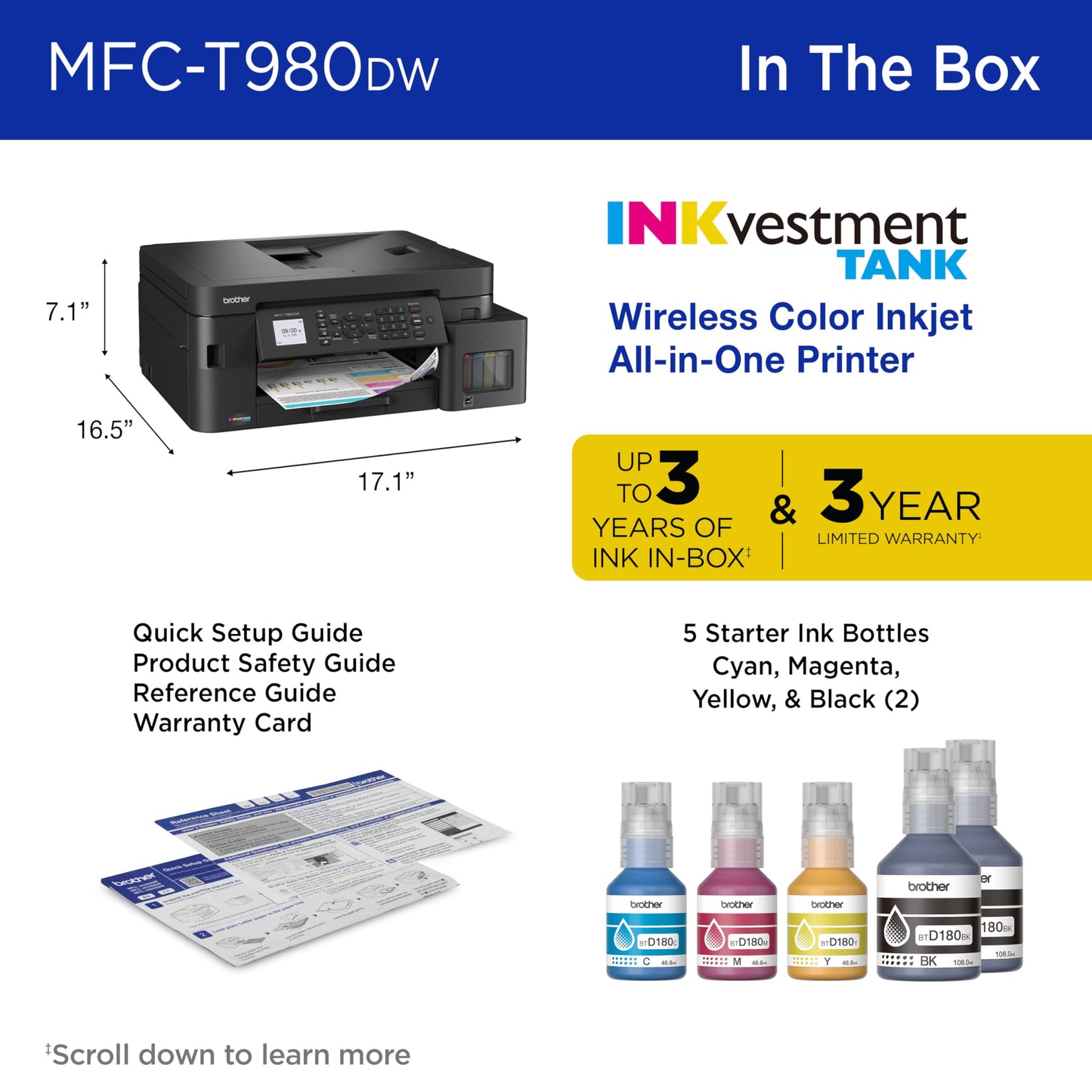 Brother INKvestment Tank 980 Wireless and Ethernet Color Inkjet All-in-One Printer with Multipurpose Tray | Includes up to 3 Years of Ink in-Box(1) and Limited Warranty(2) (MFC-T980DW)