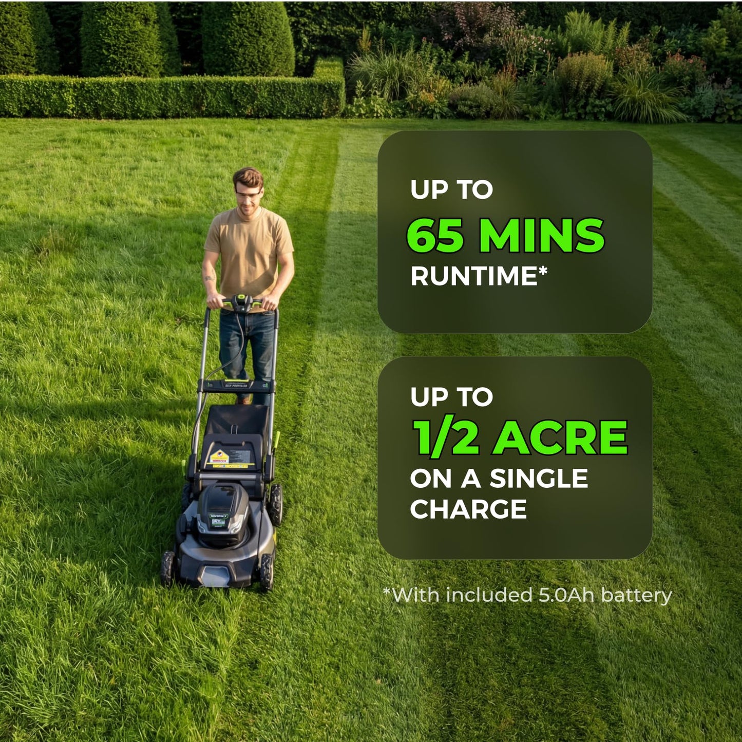 NovorikX 60V 5Ah Self-Propelled Electric Cordless Lawn Mower with 5.0Ah Battery 21-Inch, Brushless Mower for Large Yards, LED Headlight, Rapid Charger 3-in-1 Versatility Obsidian Series