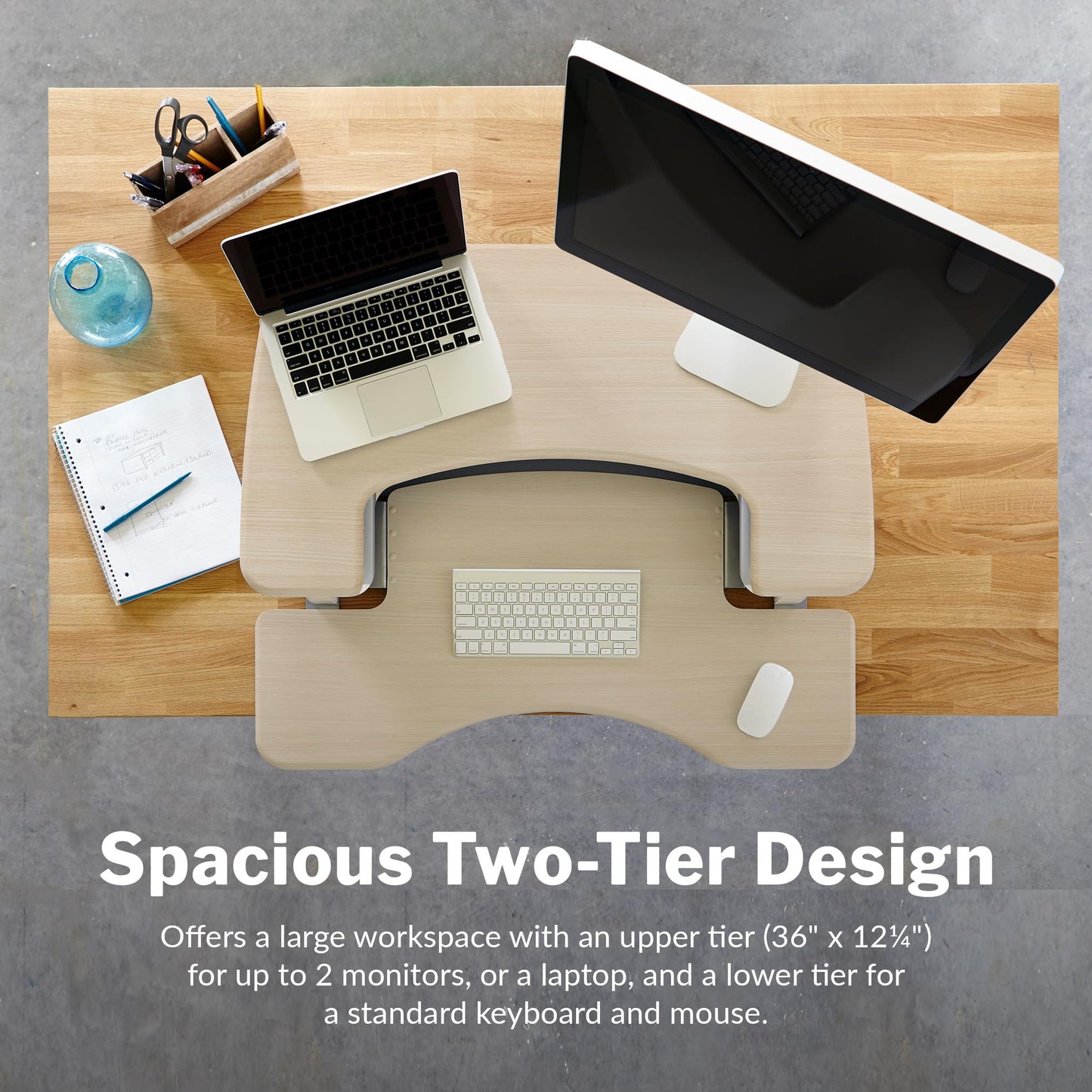 Vari VariDesk Pro Plus 36 Standing Desk Converter – 11 Height Settings + Spring Lift, 2 Tier Design, Keyboard Tray, Fits Desktops 36” Wide x 26.5" Deep – Delivers Fully Assembled (Light Wood)