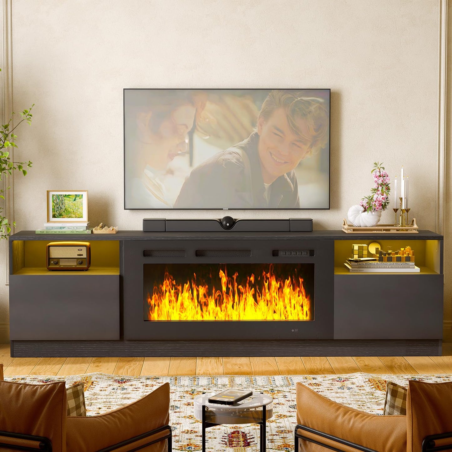 MXV 80" Fireplace TV Stand for TVs Up to 90", LED Light Entertainment Center with 36" Electric Fireplace, Modern Wood Texture TV Media Console with Highlight Storage Cabinet, Black+Black